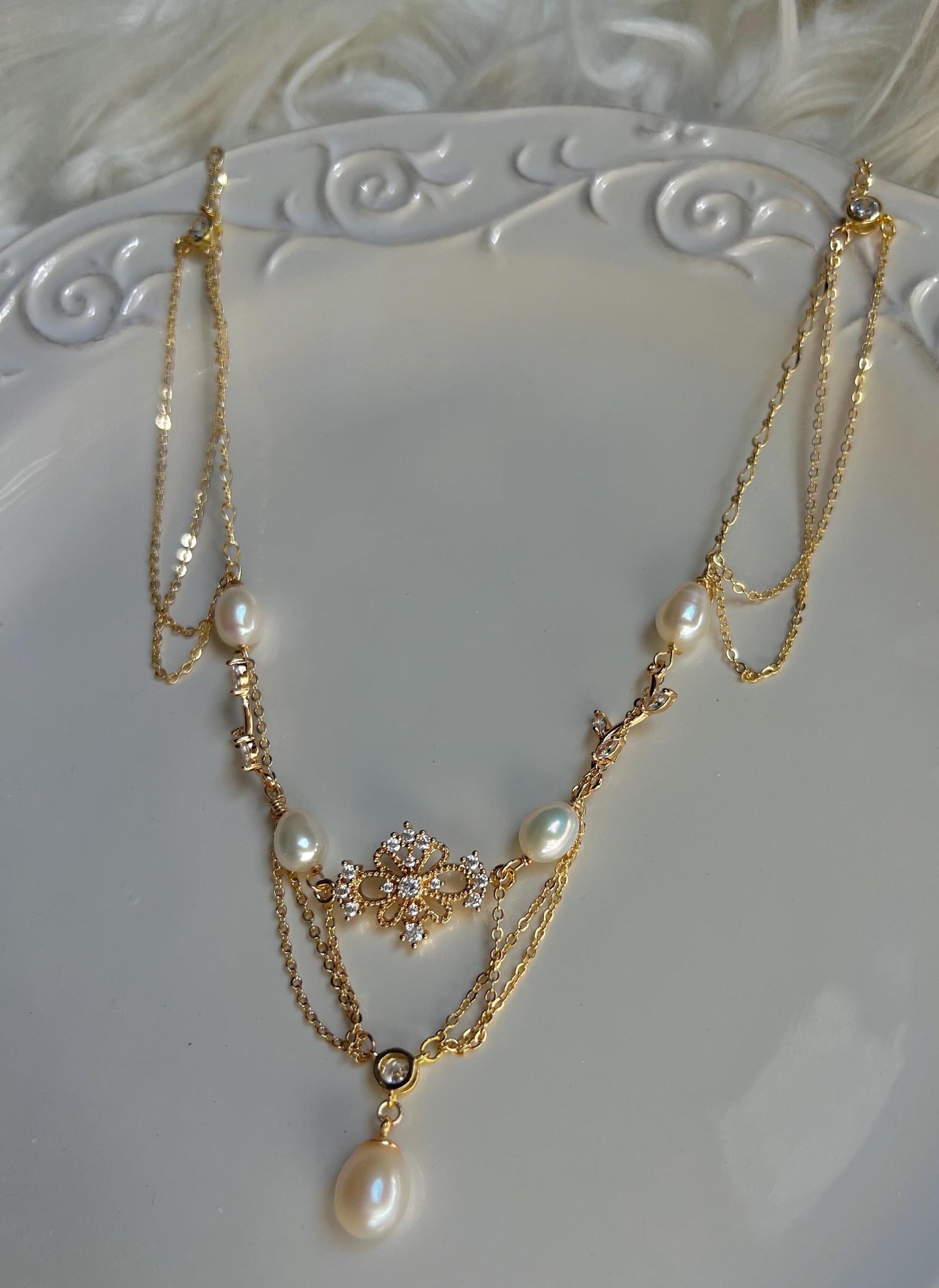 Vintage style freshwater pearl filigree necklace. Art nouveau necklace. Diamonds necklace. Victoria style necklace. Gift for her