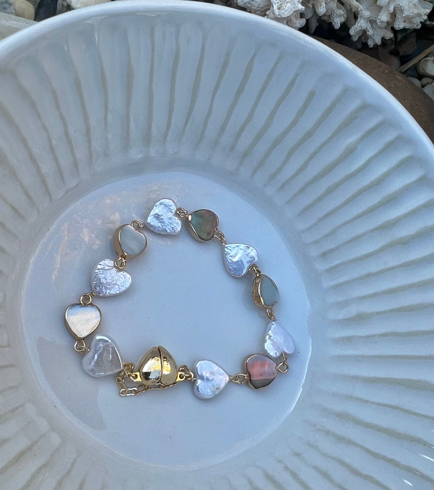 14K gold filled multicolored Genuine pearl heart elegant bracelet. Dainty bracelet. Valentines bracelet. Gift for her.