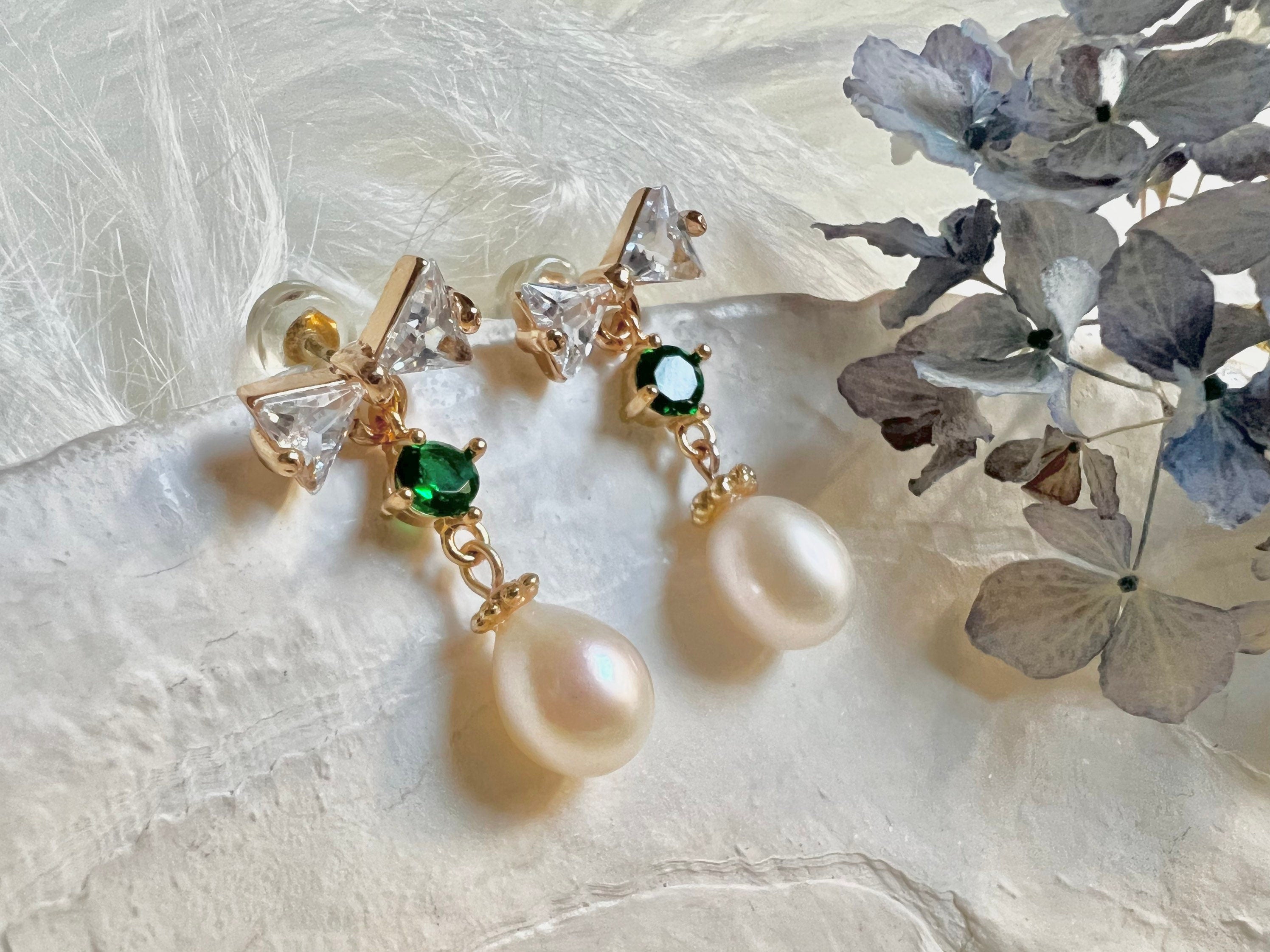 Butterfly stud freshwater pearl dangle earrings in sterling sliver. Delicate earrings. CZ crystal earrings. Emerald earrings. Drop earrings.