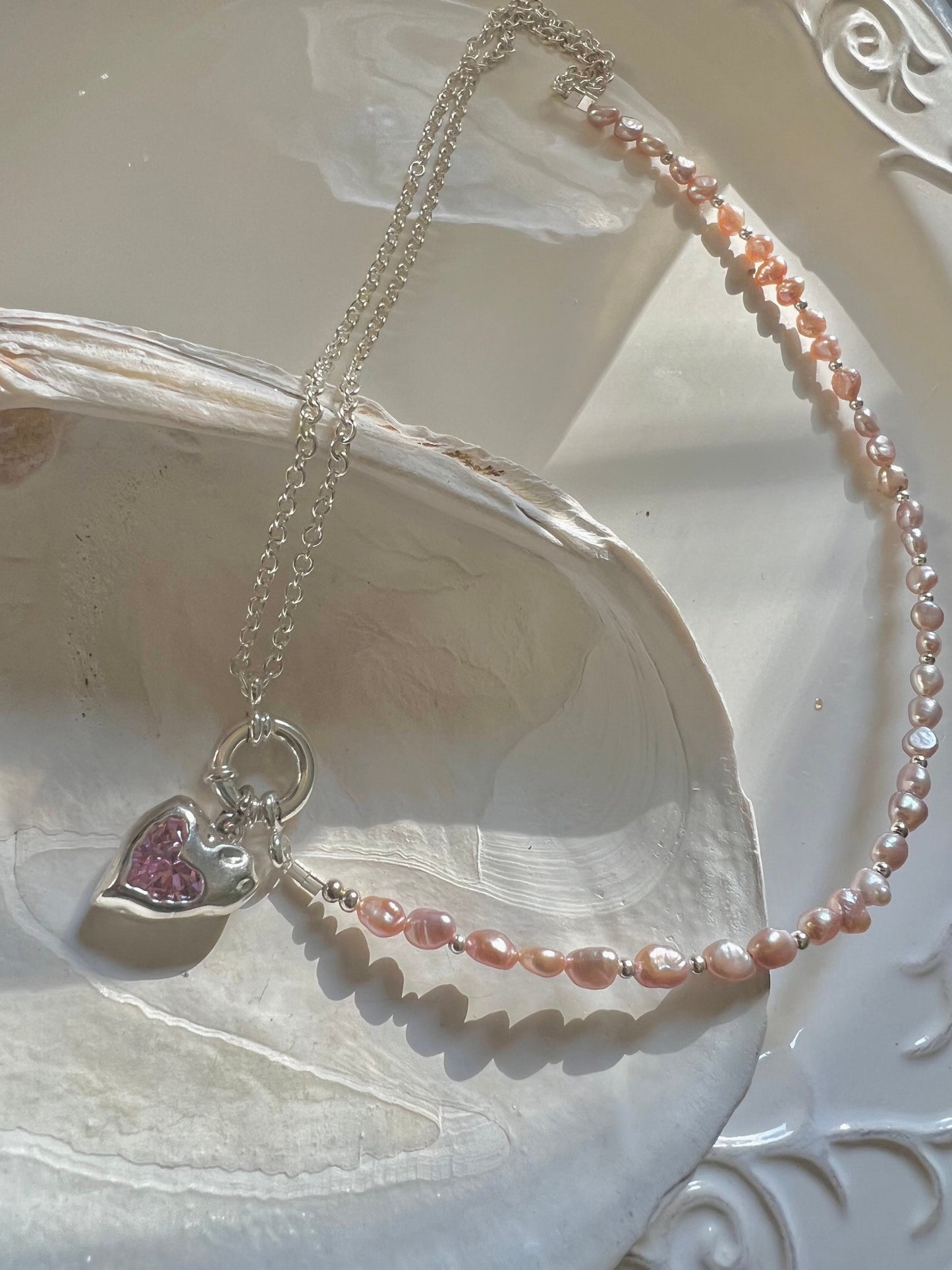925 sterling silver freshwater pink pearl layered necklace. Heart Necklace. Dainty necklace. Chic pearl necklace.