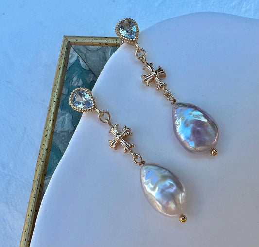 Teardrop freshwater baroque pearl cross dangle vintage earrings. Chic earrings. Antique earrings. Gift for her.