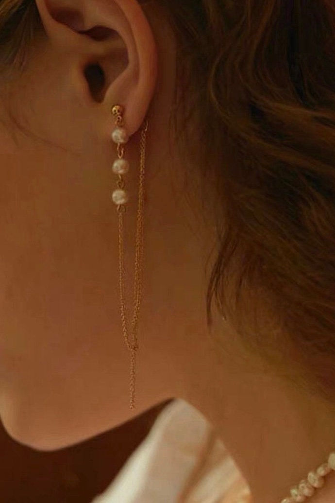 14K gold filled freshwater Pearl ear back dangle tassels earrings. minimalist chain earring. Bridal earring. Bridesmaid gift