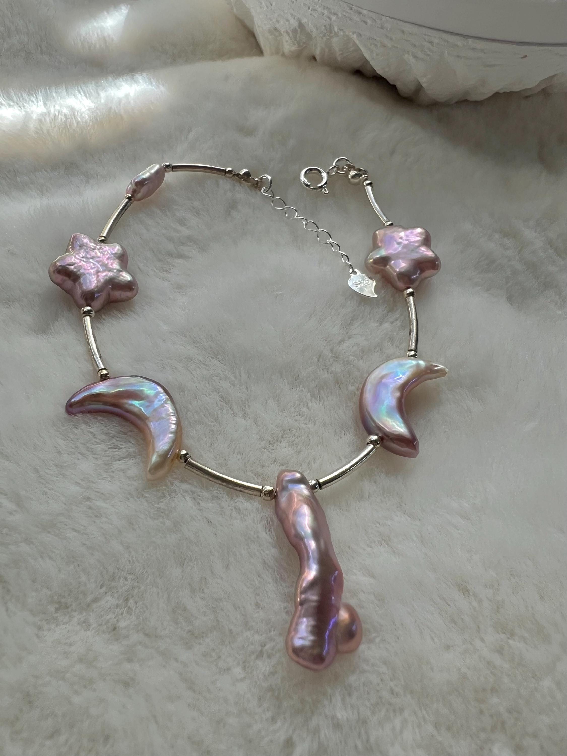 925 sterling silver Freshwater celestial baroque pearl bracelet. Iridescent pearl bracelet.  Moon and star necklace/bracelet. Gift for her