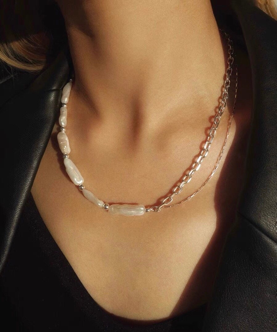 925 sterling silver freshwater keshi pearl half chain layered necklace. Biwa pearl statement necklace. Boho necklace. OT chunky necklace.