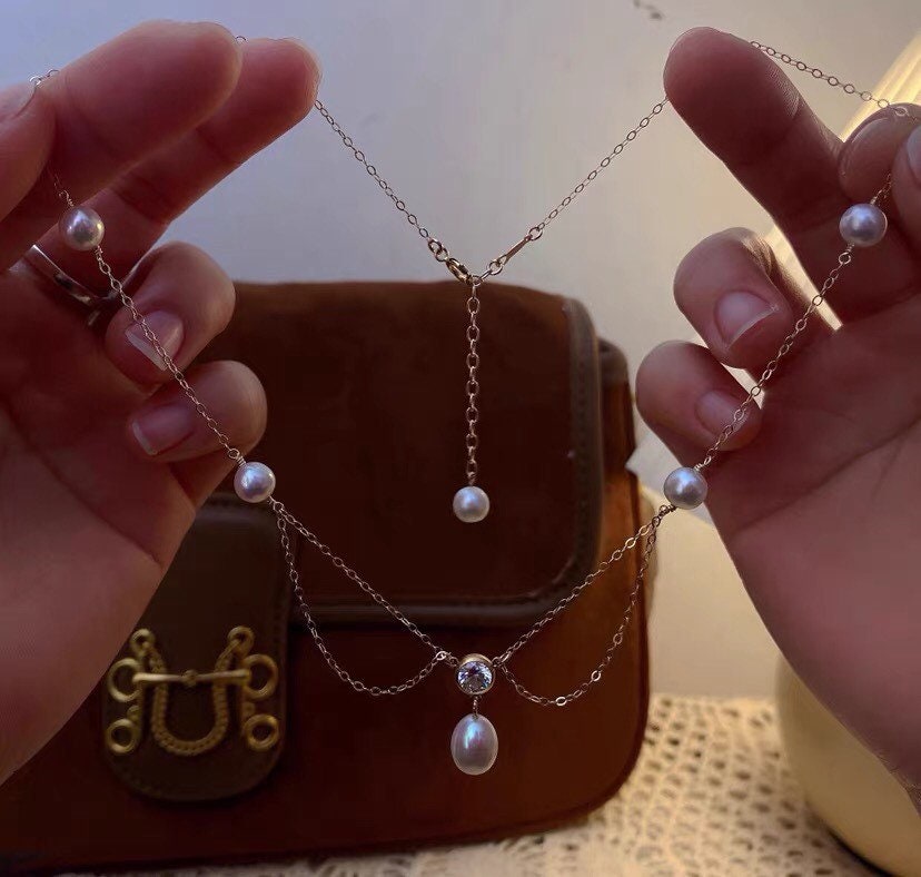 14k gold filled freshwater pearl France style double chain elegant dangle necklace. Wave necklace. Bridal necklace.