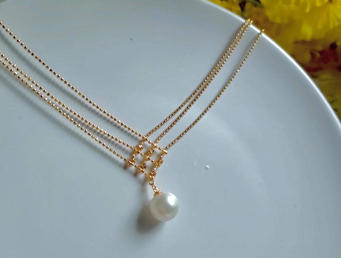 14k gold filled freshwater pearl France style double chain elegant dangle necklace. Wave necklace. Bridal necklace.