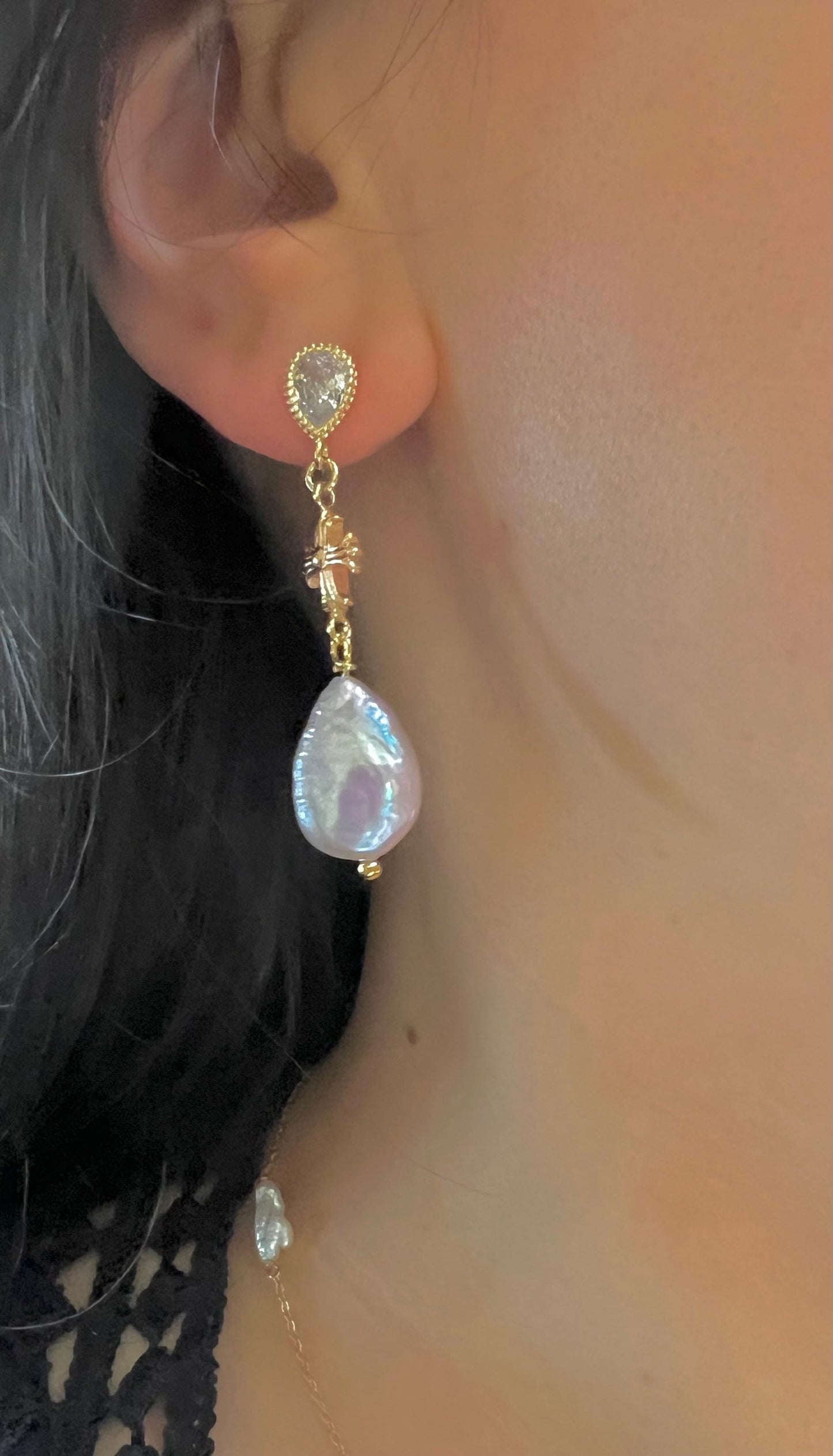 Teardrop freshwater baroque pearl cross dangle vintage earrings. Chic earrings. Antique earrings. Gift for her.