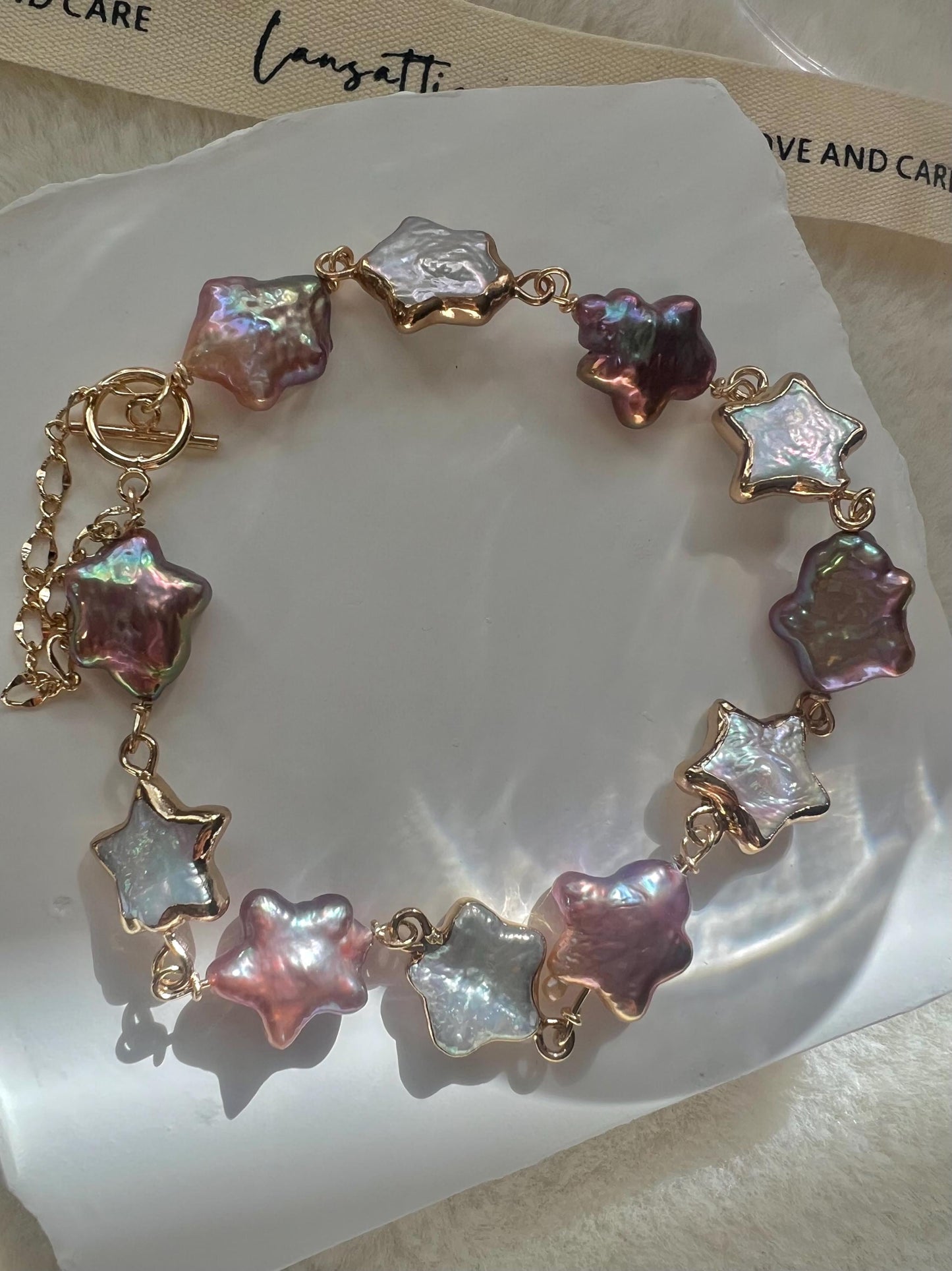 14K gold filled multicolored Genuine pearl star elegant bracelet. Dainty bracelet. Minimalist bracelet. Gift for her.