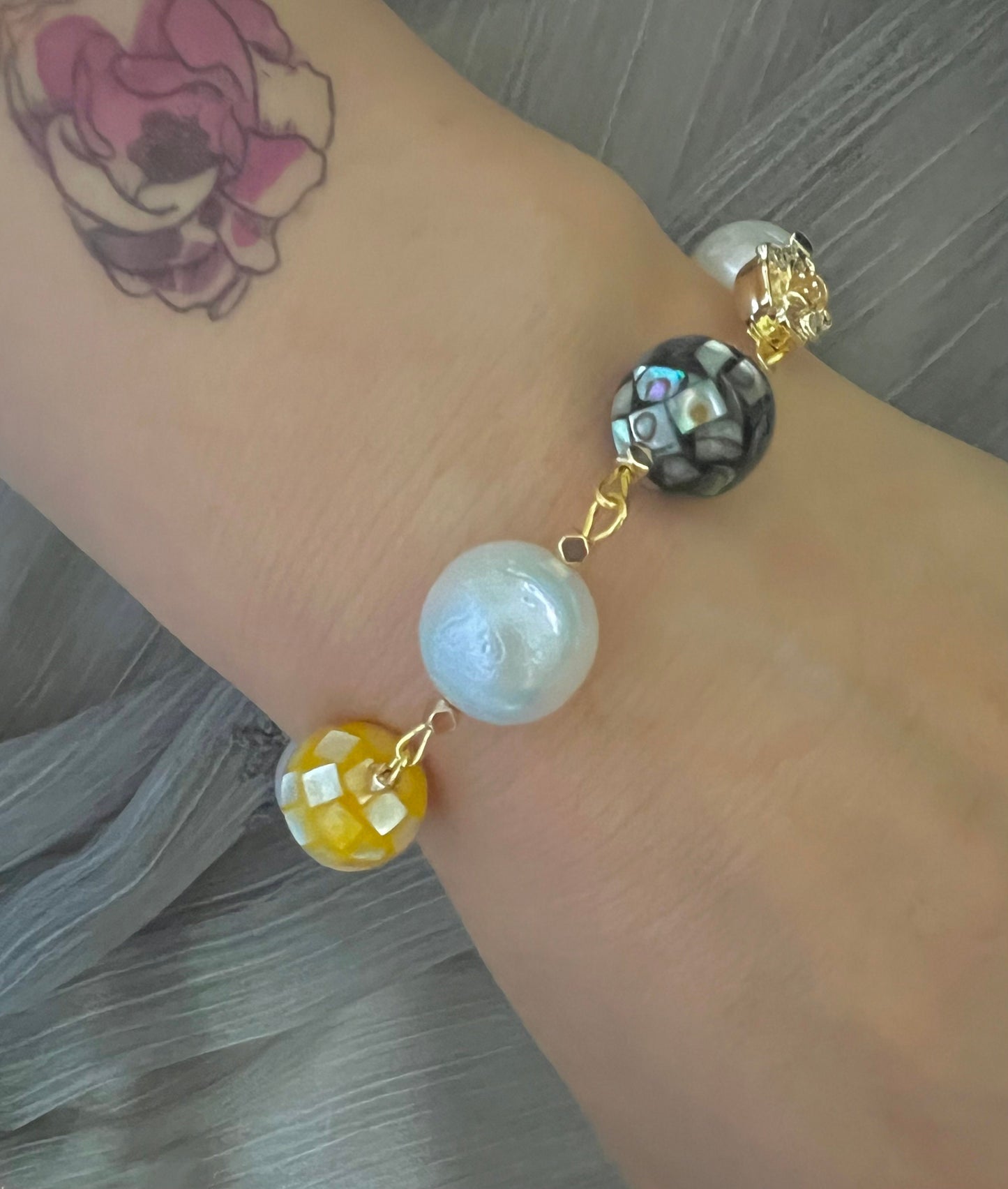 Candy shell ball and freshwater baroque pearls bracelet. Elegant colorful bracelet. Boho bracelet. Gift for her.