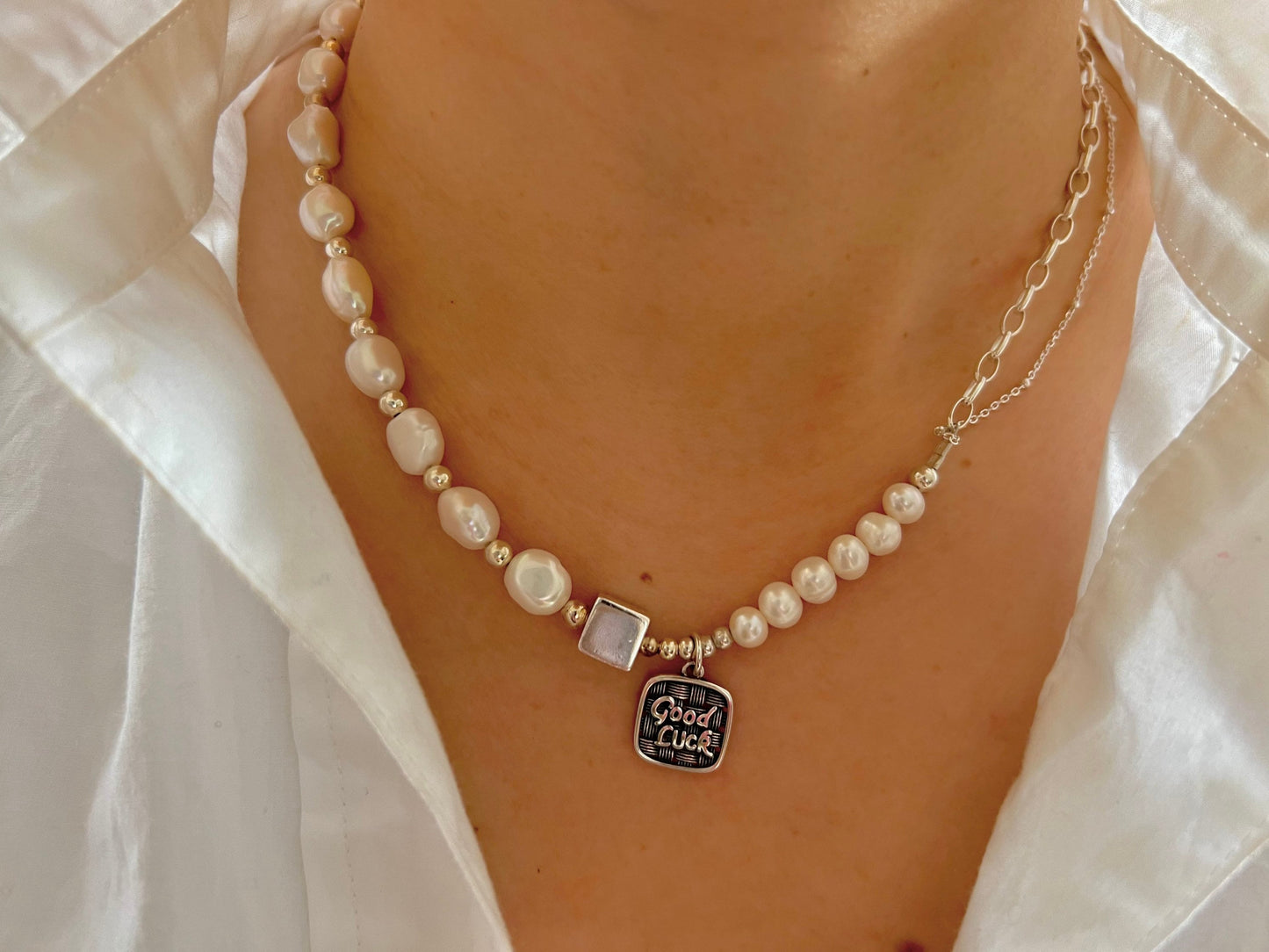 925 sterling silver freshwater pearl half chain layered lucky charm necklace. Real pearl statement necklace. Boho necklace. Chunky necklace.