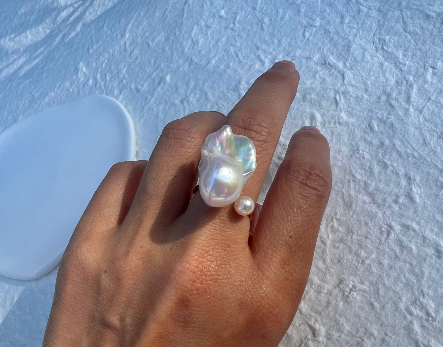 14K gold filled AAA quality luster baroque pearl open adjustable ring. Cultured double pearl ring. White fireball baroque ring. Gift.