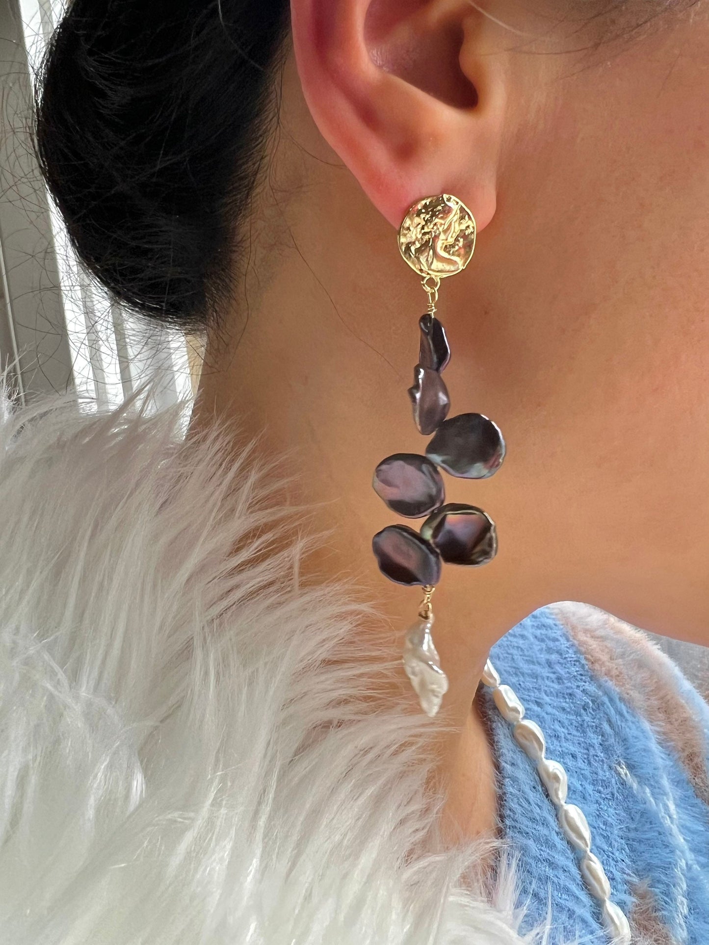 High quality luster Freshwater big Petal multicolored pearl dangle earrings. Chic mismatched earrings. Wedding pearl earrings.