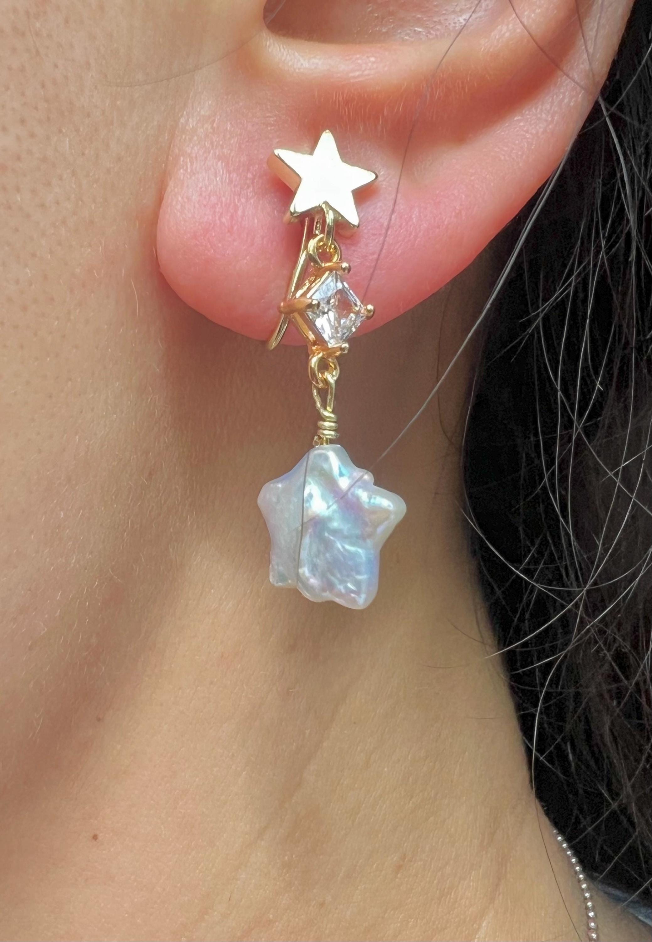 Art Deco freshwater star pearl dangle earrings.  Delicate earrings. CZ crystal clip on earrings. Vintage earrings. Drop earrings.