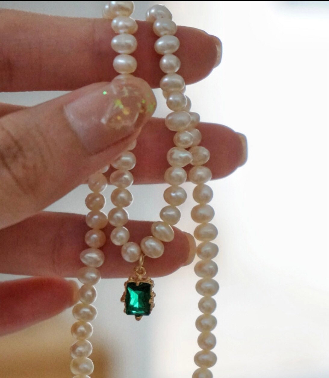 14K gold filled freshwater pearl dangle emerald charm necklace. Elegant real pearl necklace. Minimalist necklace. Wedding. Gift for her