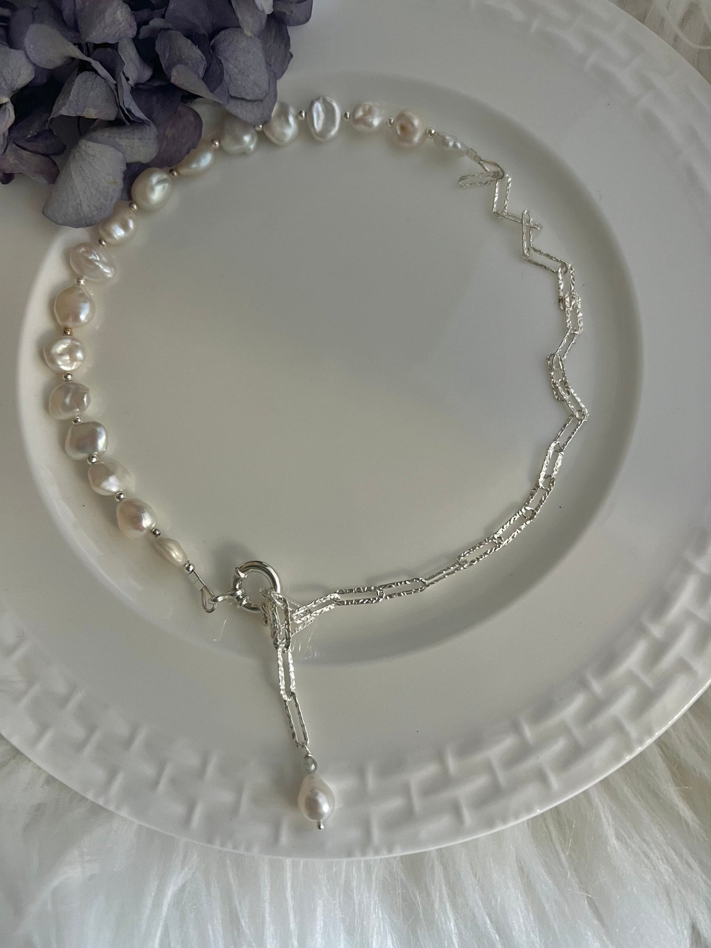 925 sterling silver baroque petal pearl half chain Sparkle charm necklace. Rectangle chain necklace. Minimalist necklace. Chic necklace