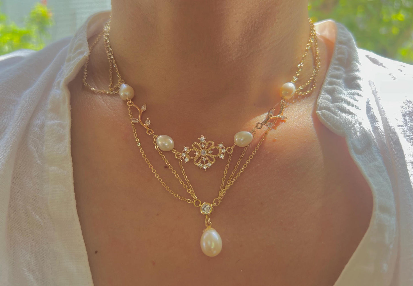 Vintage style freshwater pearl filigree necklace. Art nouveau necklace. Diamonds necklace. Victoria style necklace. Gift for her