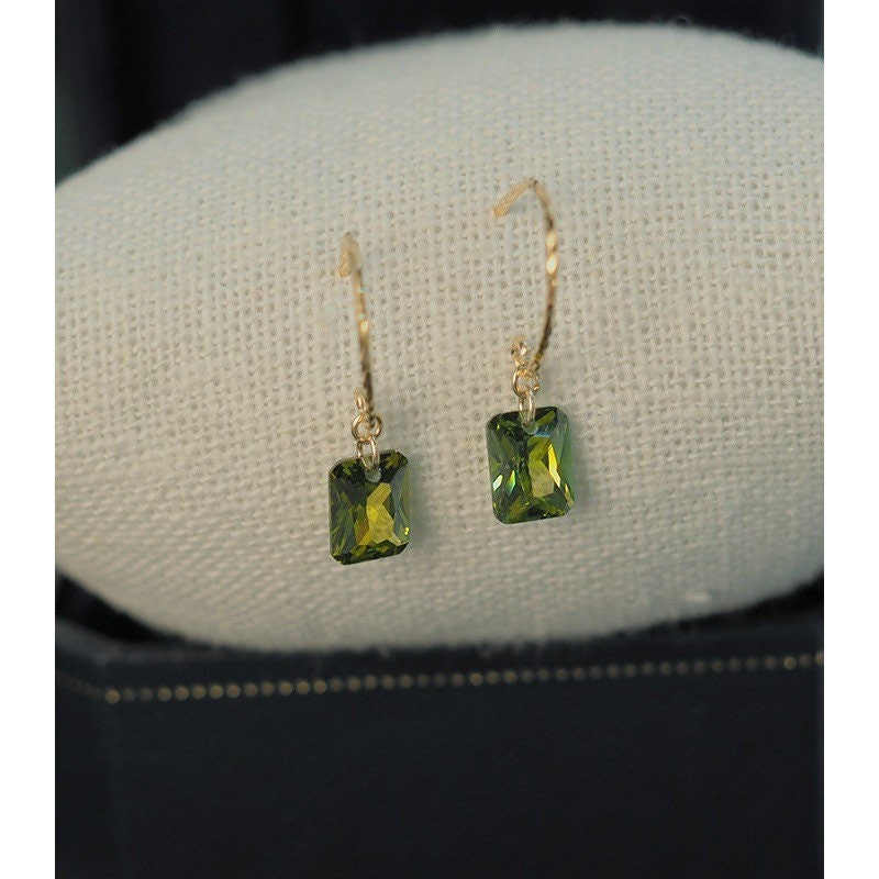 14K gold filled dangle olivine green threader/earrings. Transparent rectangular shaped earrings. CZ crystal earrings. Drop earrings.