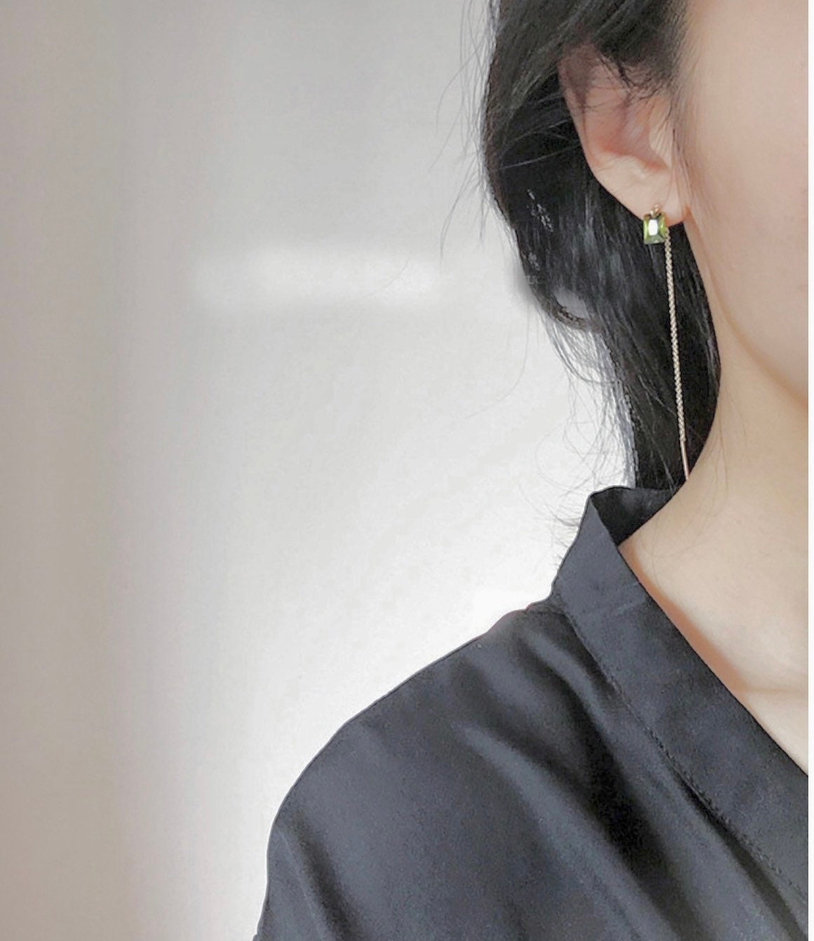 14K gold filled dangle olivine green threader/earrings. Transparent rectangular shaped earrings. CZ crystal earrings. Drop earrings.