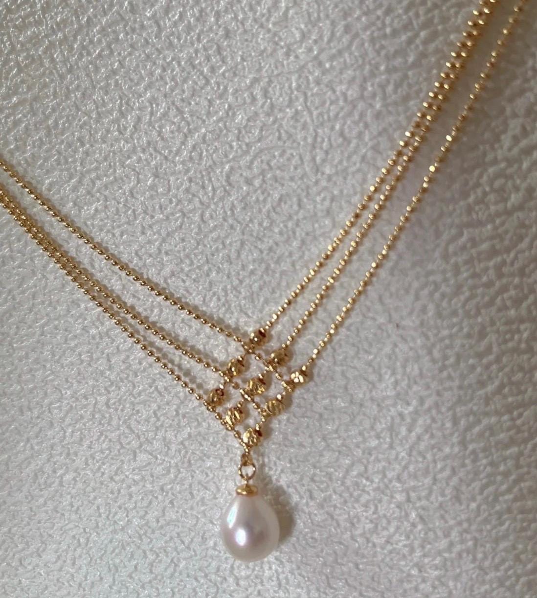 14k gold filled freshwater pearl France style double chain elegant dangle necklace. Wave necklace. Bridal necklace.
