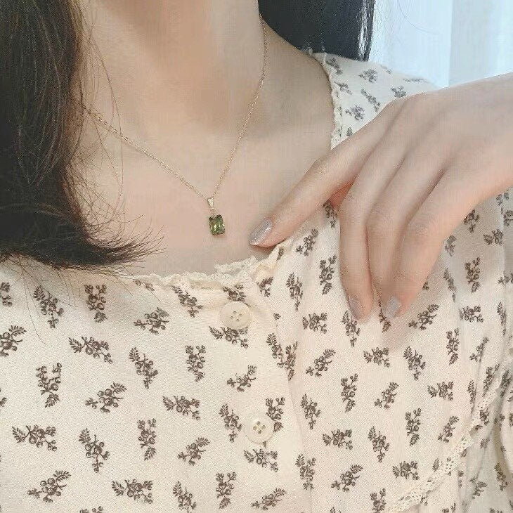 14K gold filled dangle olivine green necklace. Transparent rectangular shaped necklace. Gemstone necklace. Minimalist necklace