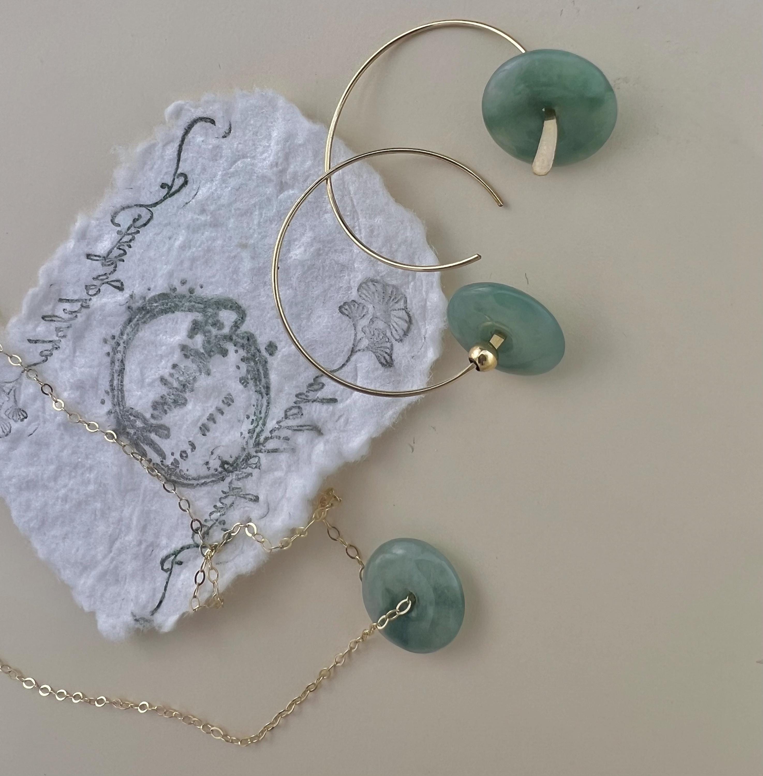 Jadeite Hoop Earrings, Jadeite Donut Earrings, Matching Jade Necklace Set. Minimalist Jewelry.