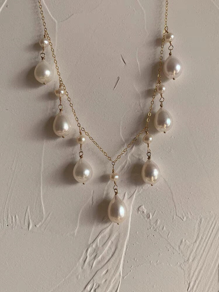 14K gold filled freshwater pearl France style lace necklace. Multiple-Layered dangle pearl necklace. Wedding necklace. Bridal necklace.