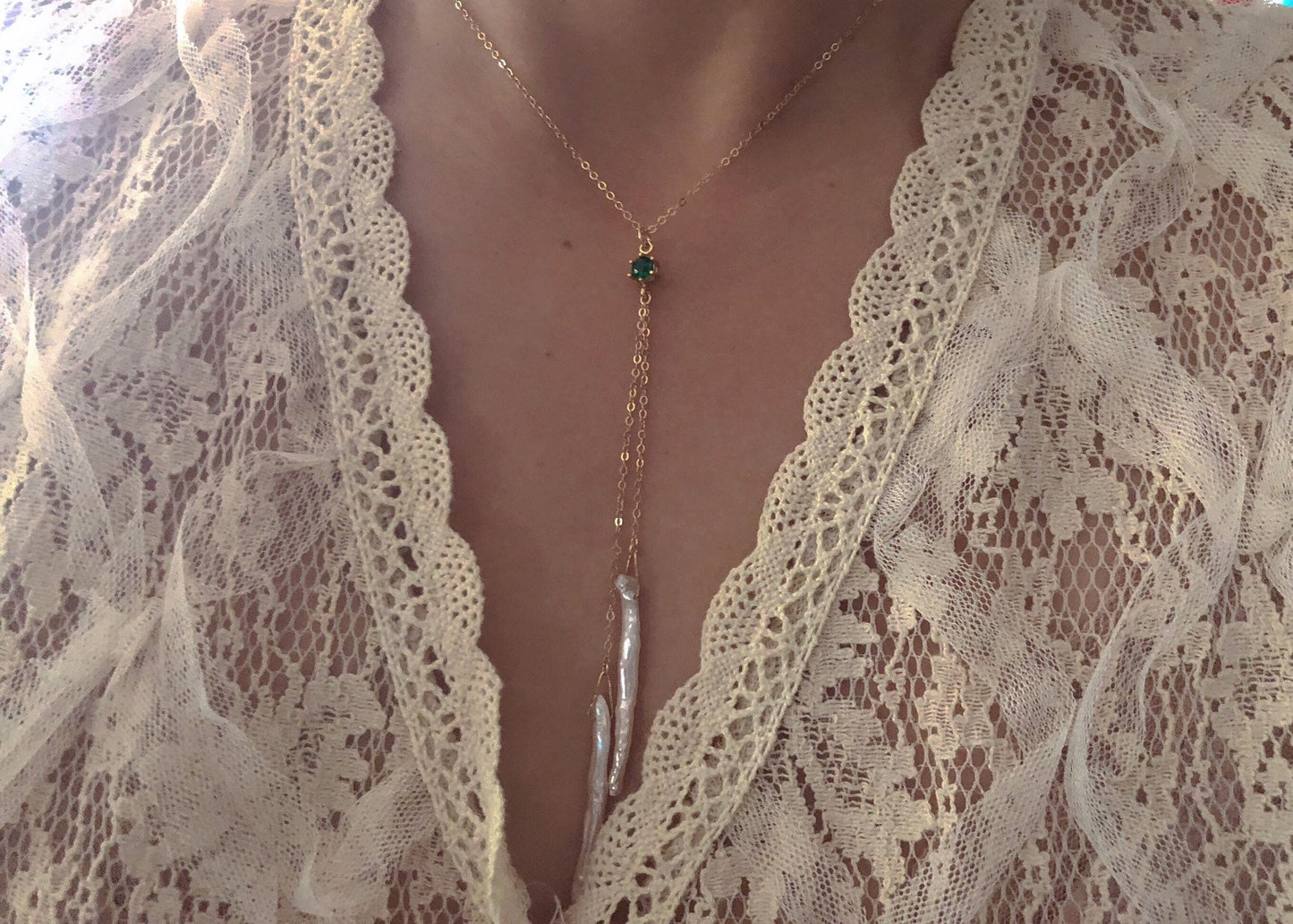 14K gold filled stick pearl Y necklace.  ZC emerald necklace. Diamond necklace. Bride necklace. Weddingnecklace