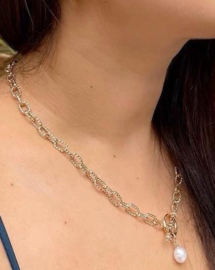 925 sterling sliver freshwater high luster baroque pearl sparkle chain charm OT clasp necklace. Minimalist pearl necklace. gift for her.