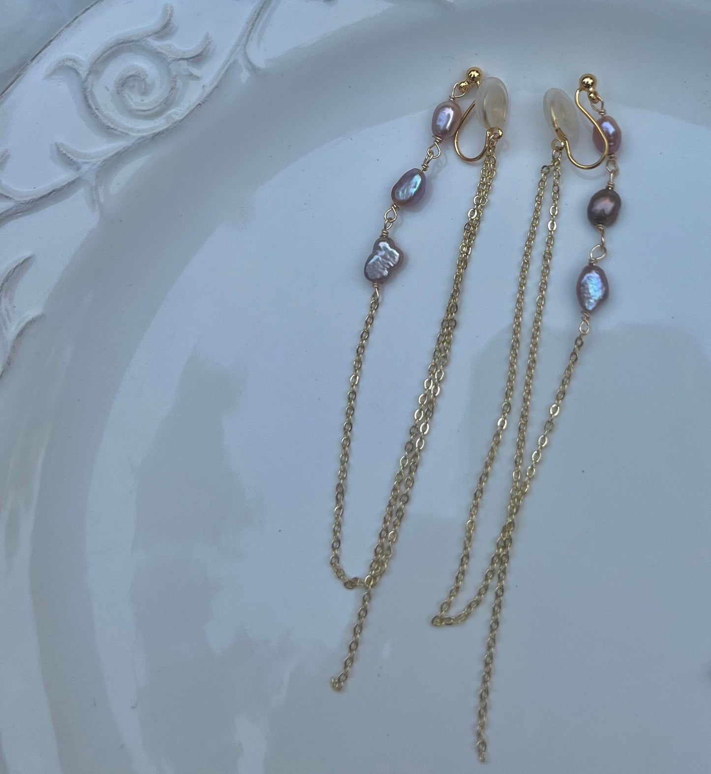 14K gold filled freshwater Pearl ear back dangle tassels earrings. minimalist chain earring. Bridal earring. Bridesmaid gift