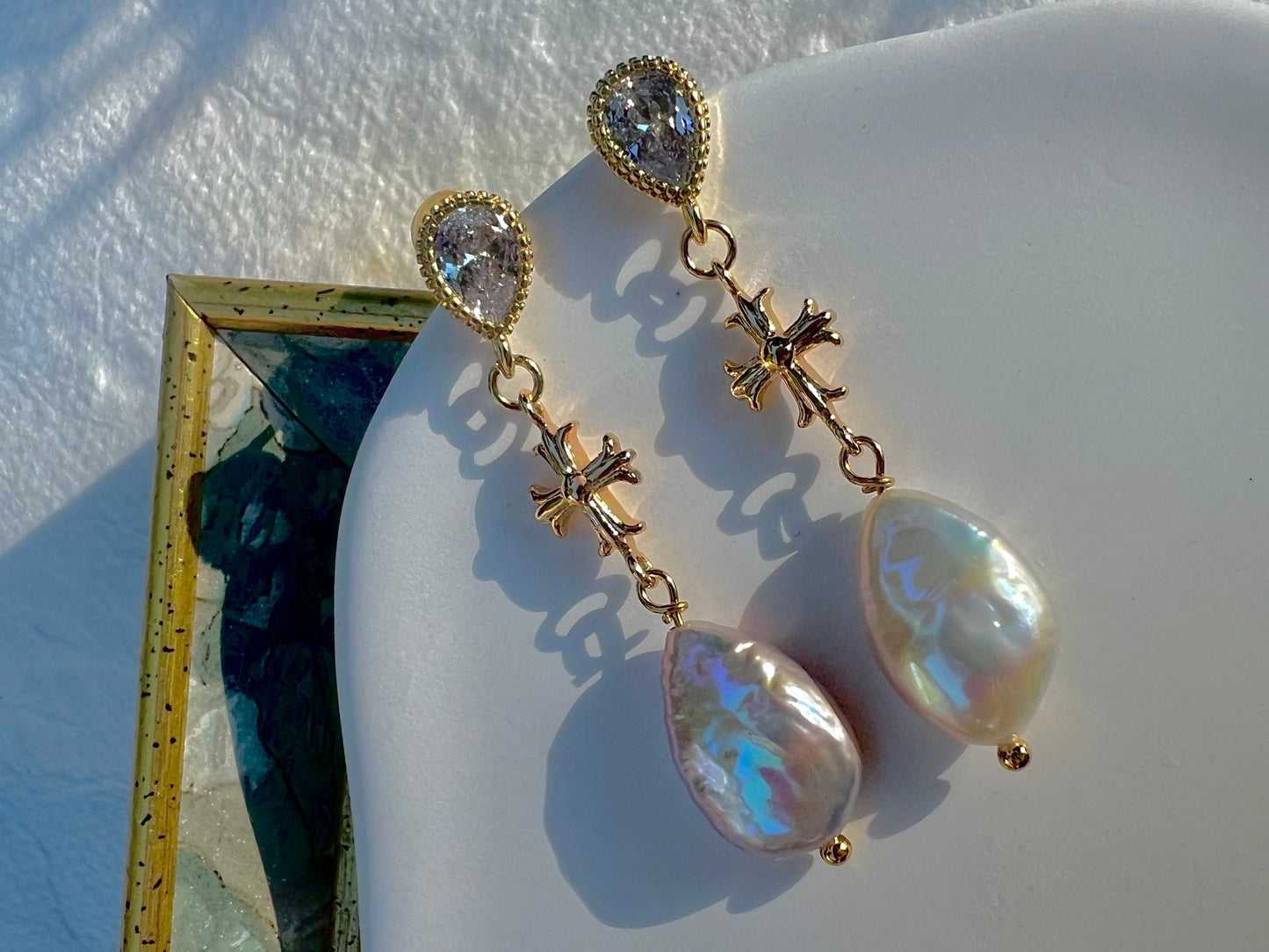 Teardrop freshwater baroque pearl cross dangle vintage earrings. Chic earrings. Antique earrings. Gift for her.