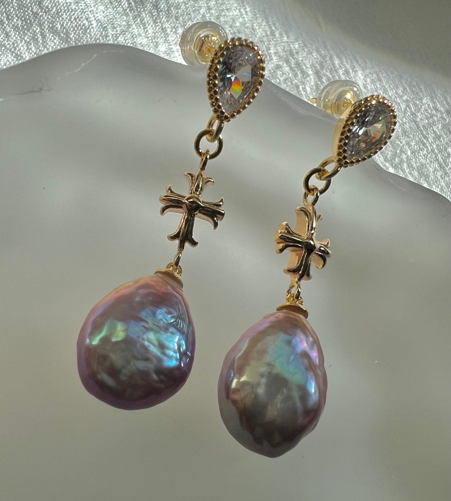 Teardrop freshwater baroque pearl cross dangle vintage earrings. Chic earrings. Antique earrings. Gift for her.