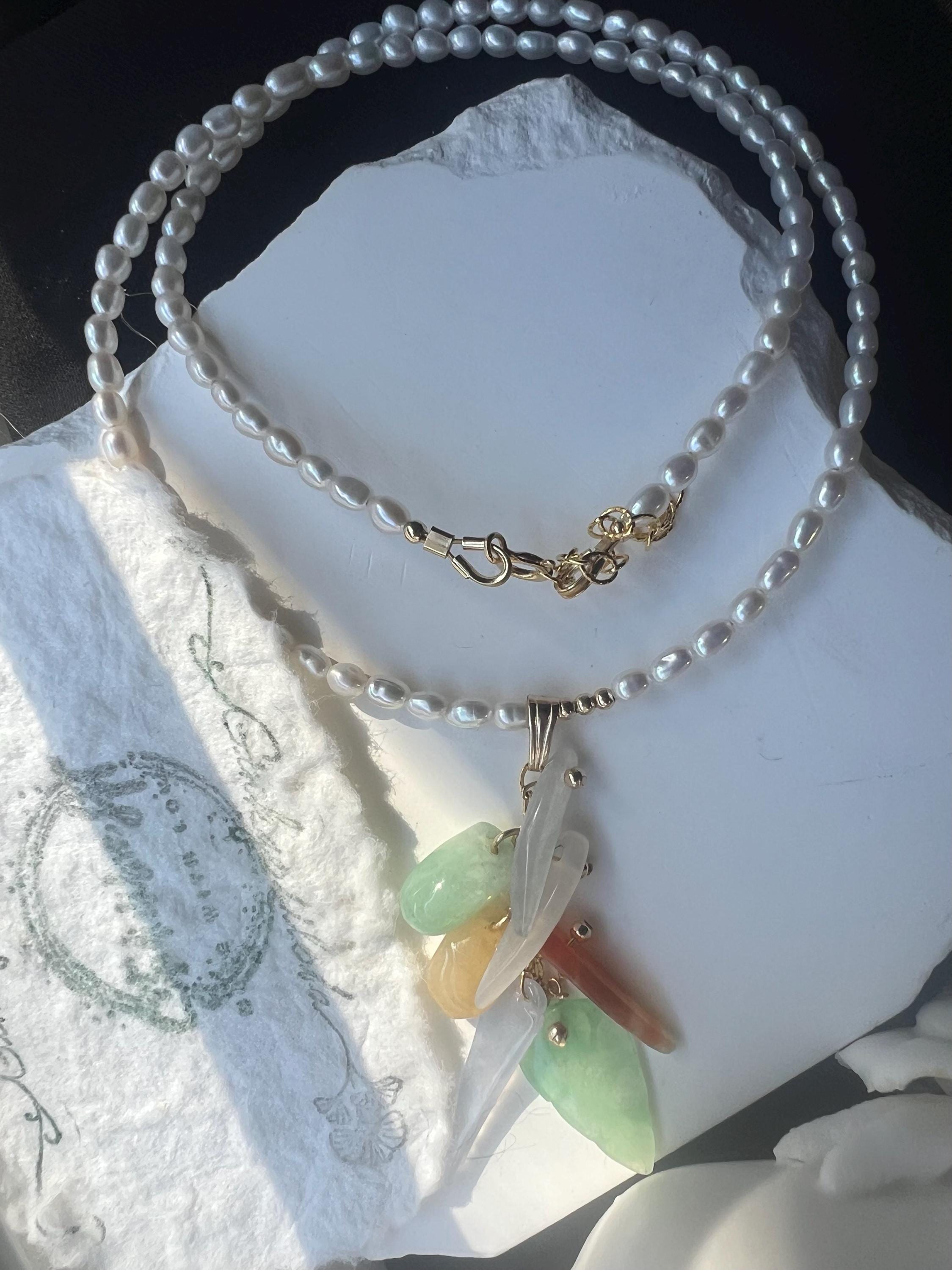 Handmade Freshwater Seed Pearl Necklace with jadeite Cluster Pendant • Carved Jade Leaf & Green jadeite Charms • Dainty Rice Pearl Choker