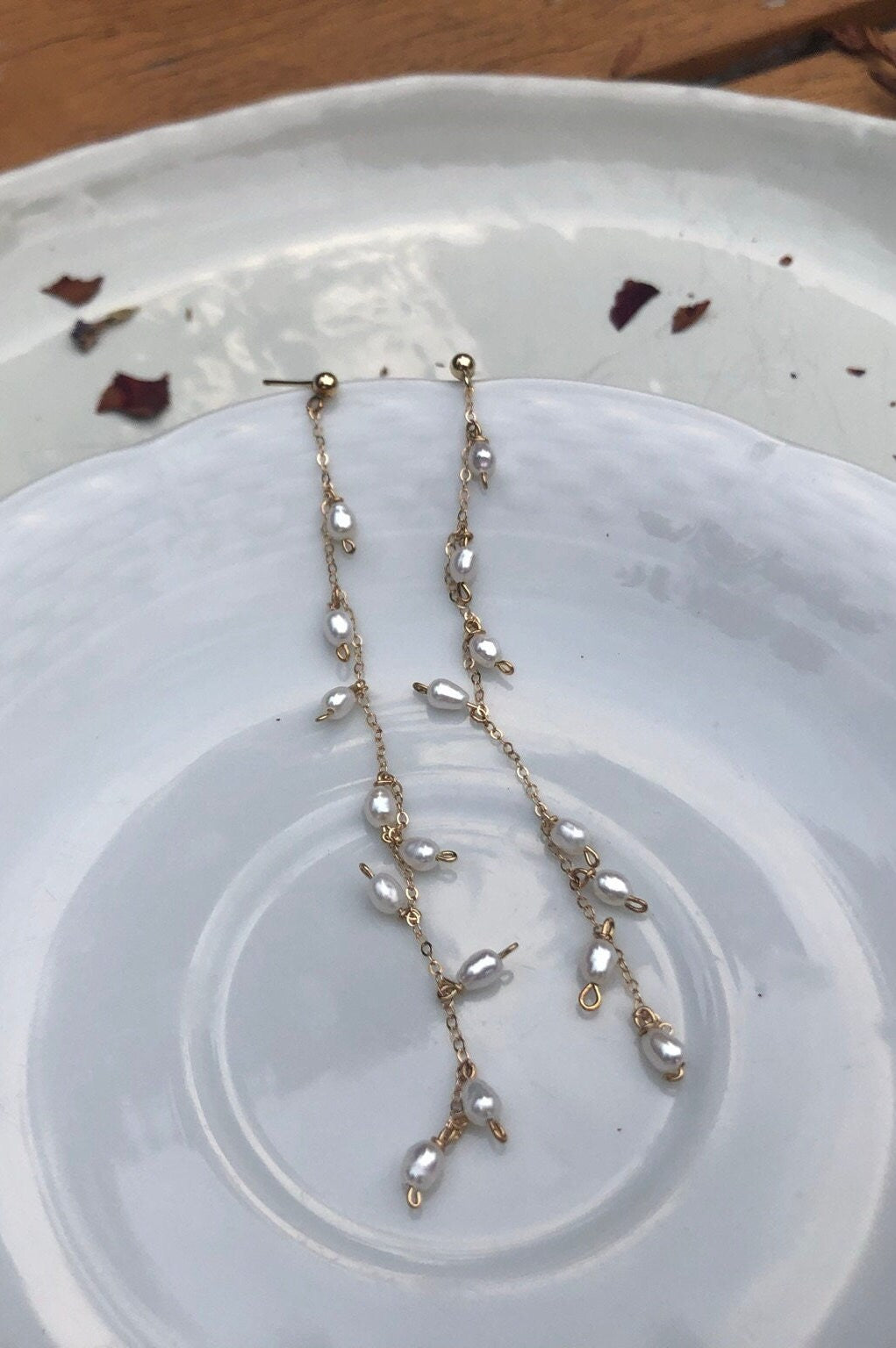 14K gold filled stud long chain dangle pearl earring. Fleurette earring. Bridesmaid gift. Boho wedding pearl earring. Bridal earring.