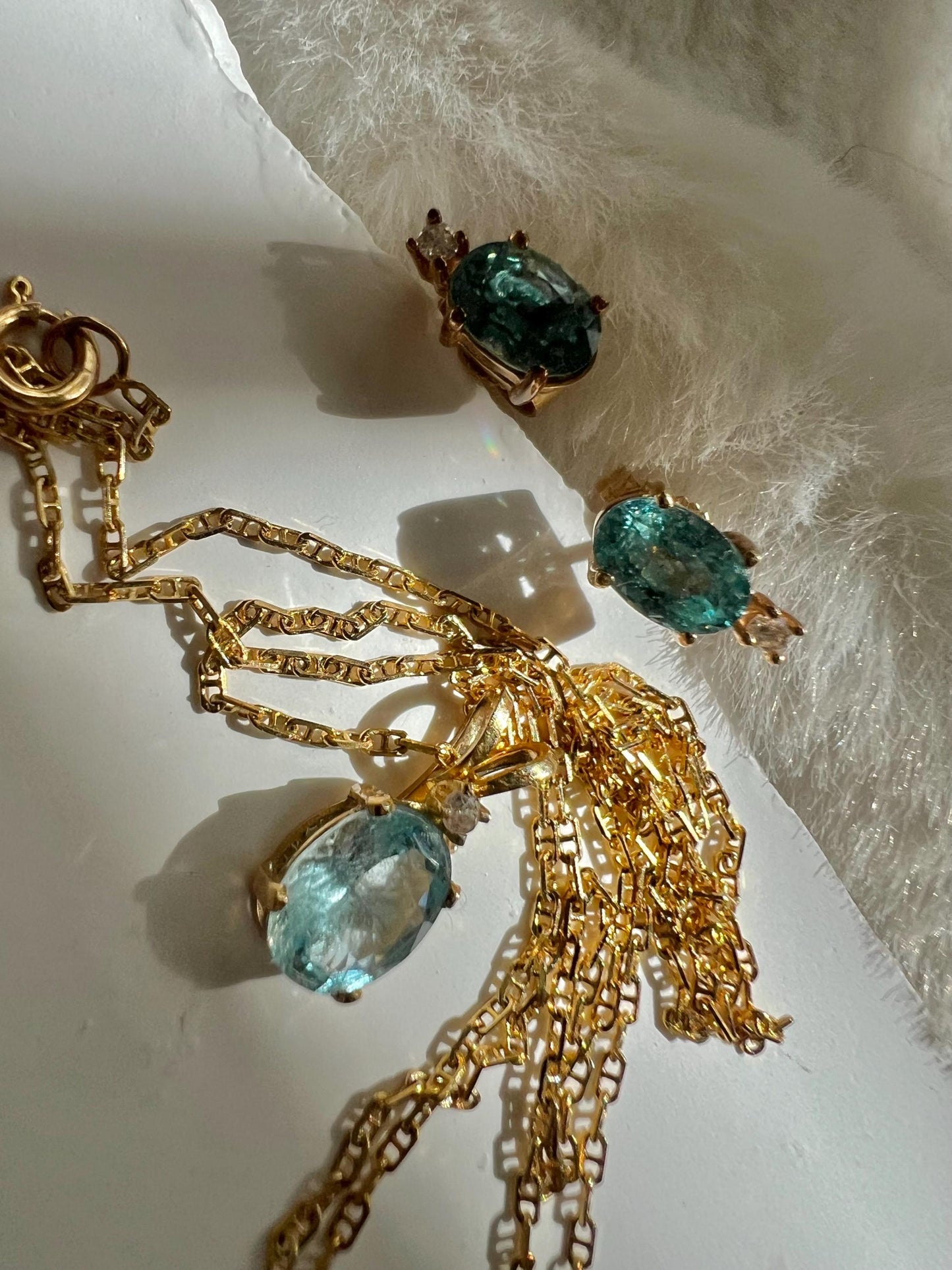 14K solid gold Blue Topaz diamond jewelry set. vintage brand jewelry set.