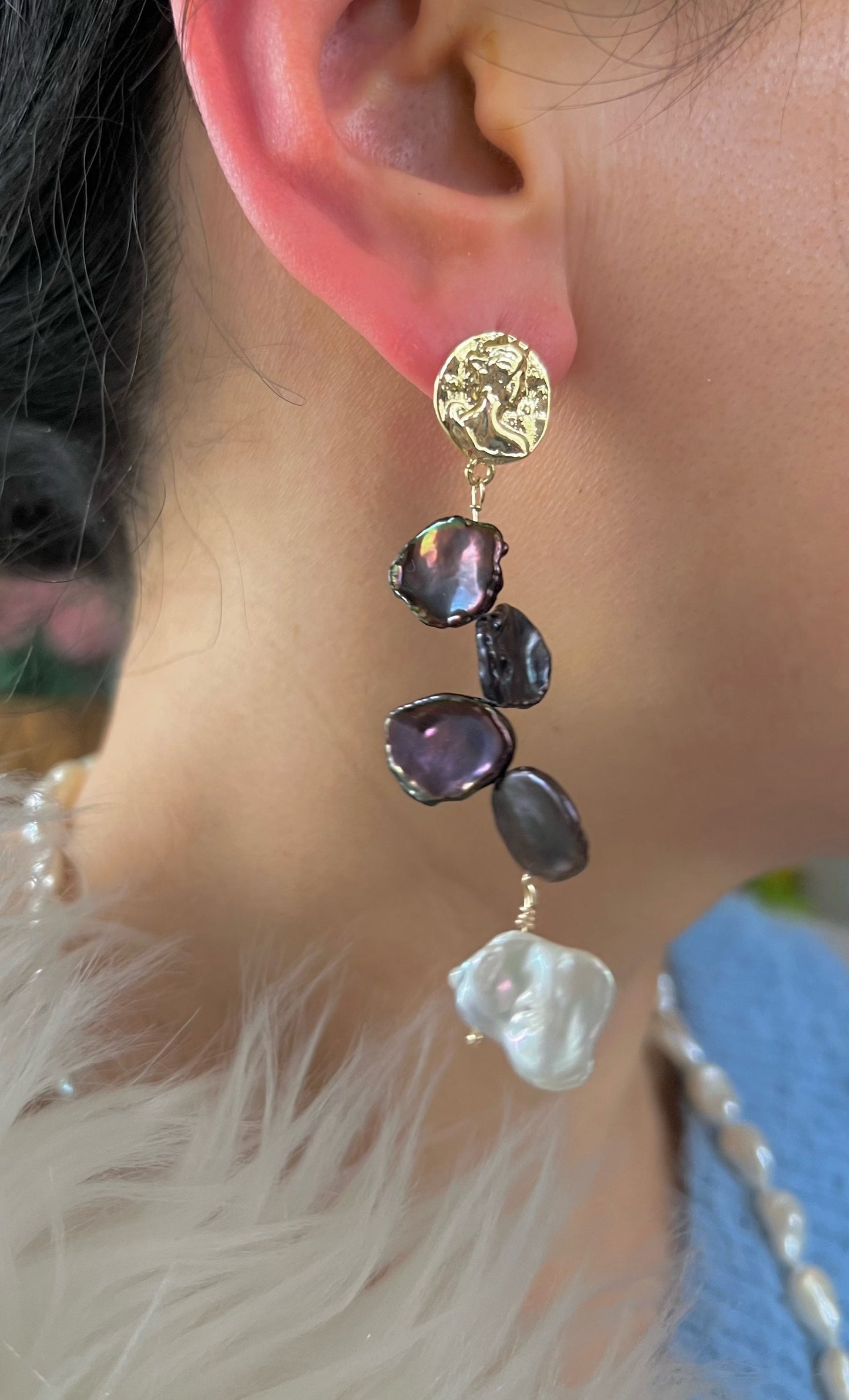 High quality luster Freshwater big Petal multicolored pearl dangle earrings. Chic mismatched earrings. Wedding pearl earrings.