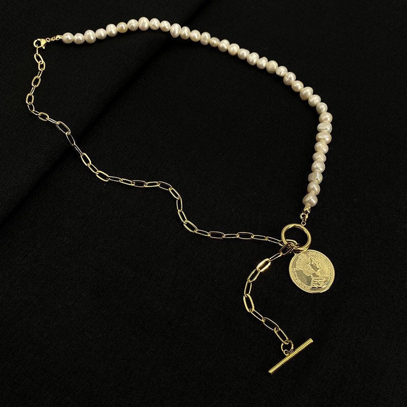 925 sterling silver freshwater pearl paperclip chain half necklace. Pearl statement necklace. Real pearl necklace. Chic necklace