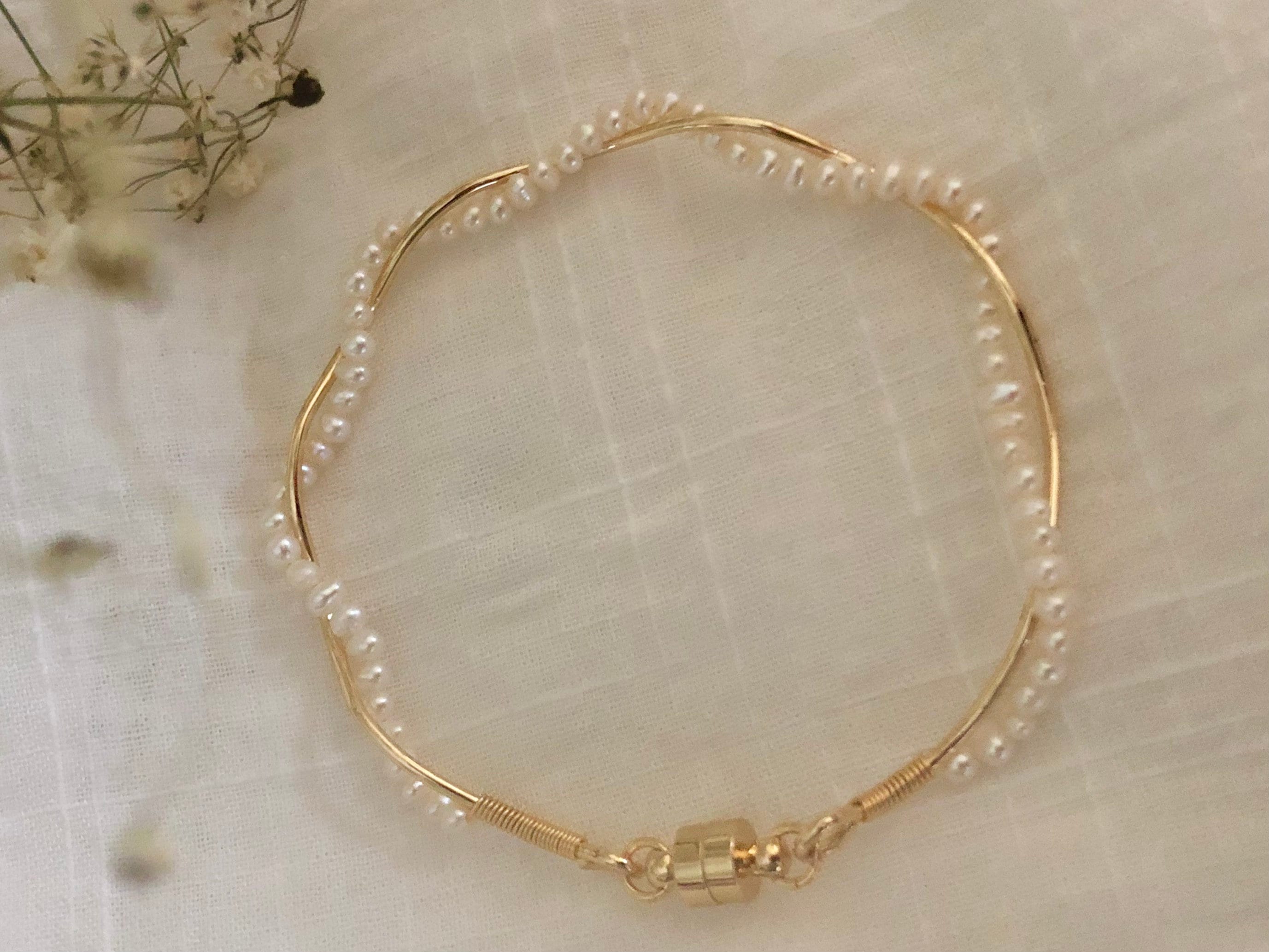Freshwater pearl wrapped bracelet. Twisted pearl bracelet. Dainty bangle/bracelet. Boho bridal bracelet. Wedding bracelet. gift for her