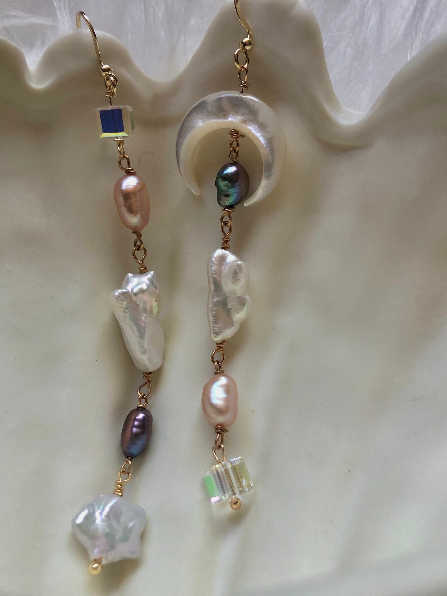 Multicolored multi-shape freshwater baroque pearl earring. Moon and star earrings. Crystal dangle Bridal earrings. Space sparkle earrings.