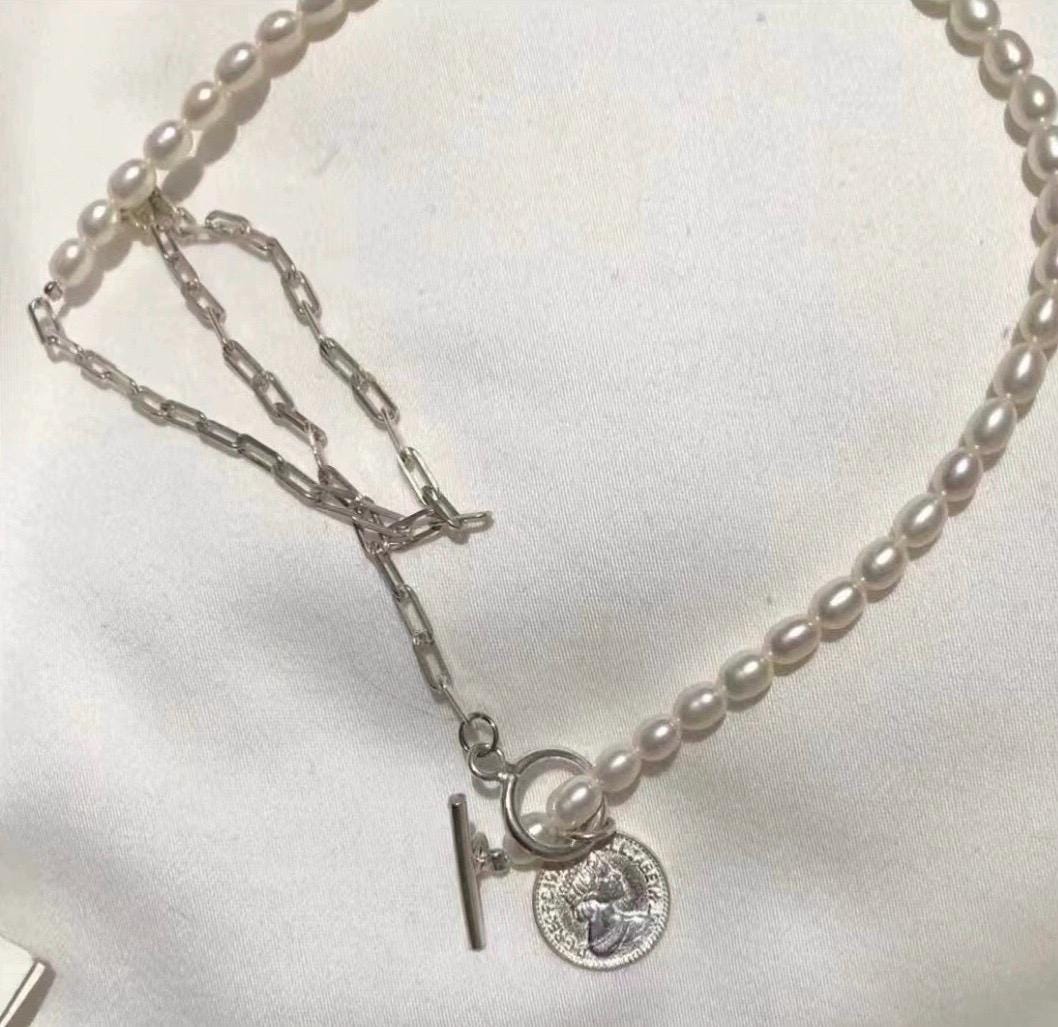 925 sterling silver freshwater pearl paperclip chain half necklace. Pearl statement necklace. Real pearl necklace. Chic necklace