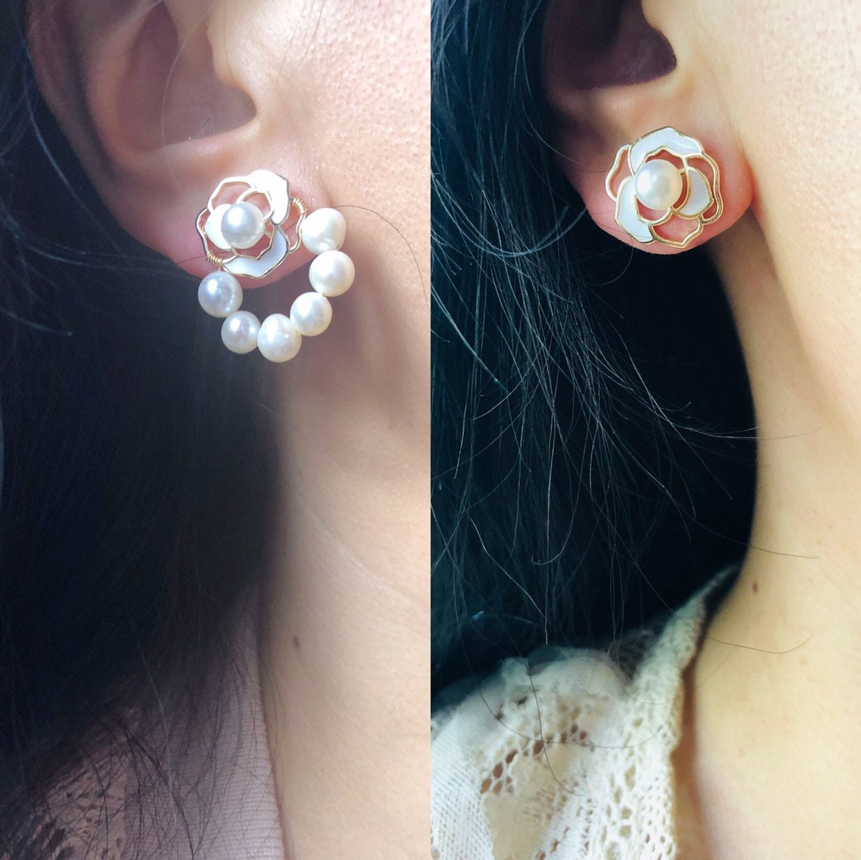 925 sterling silver ear post natural freshwater pearl camellia ear stud dainty earring. Elegant earring. Delicate earring. Gift for her