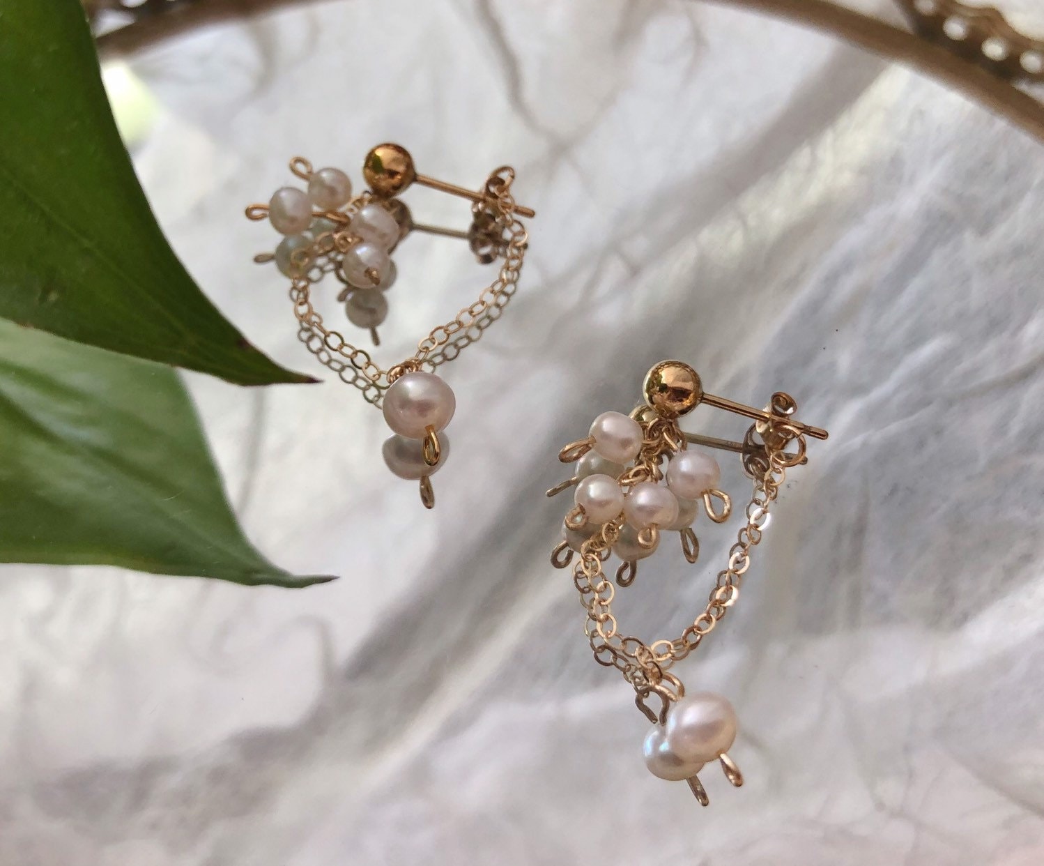 14K gold filled dainty pearl chain drop stud earring. Baby pearl cluster dangle earring. Bridal bridesmaid seed pearl stacking earring