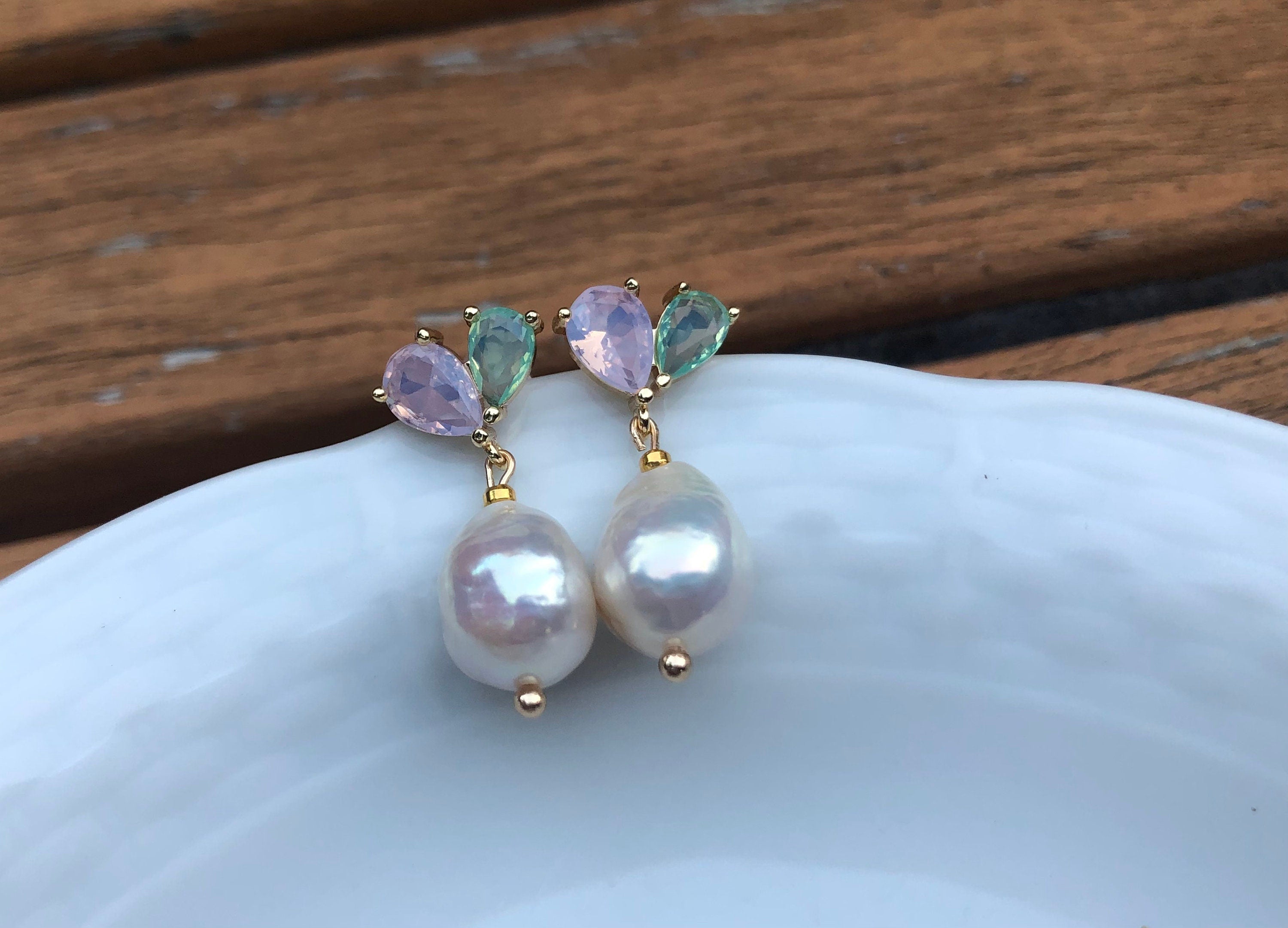 High quality luster baroque pearl earring. Colorful crystal dangle earring. Rainbow stud drop earring. Dainty wedding earring
