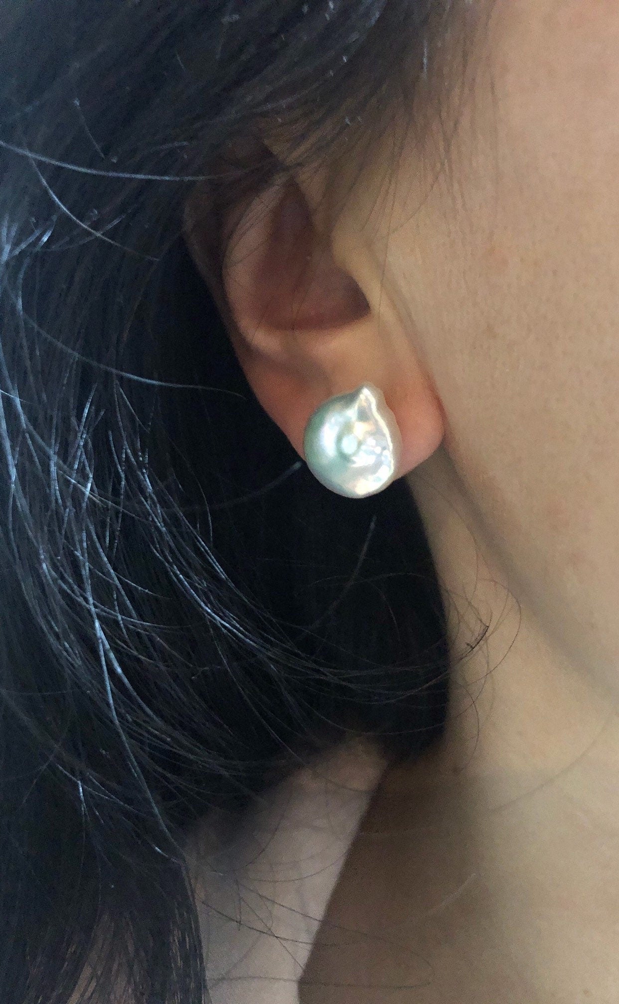 14K gold filled baroque AAAA Keshi pearl stud earring/ring. High luster Coin earring/ring. Metallic reflection pearl ring. Wedding.