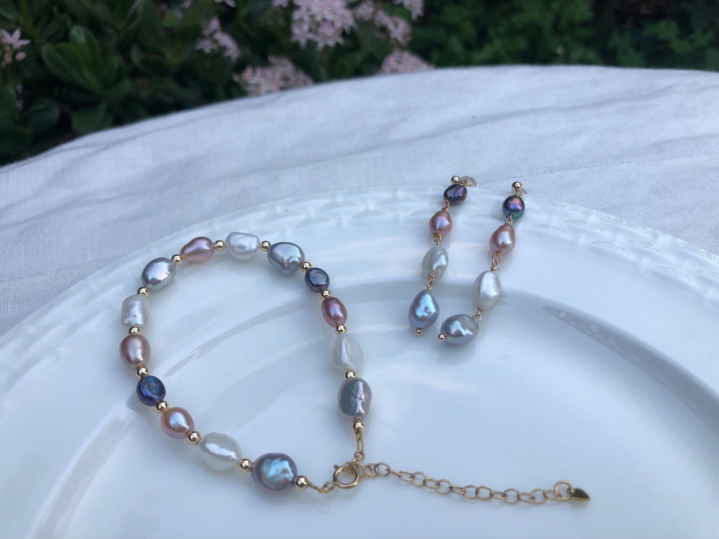 14K gold filled freshwater pearl earrings and bracelet. Rainbow earrings and bracelet set. Candy pearl bracelet and earrings. Gift