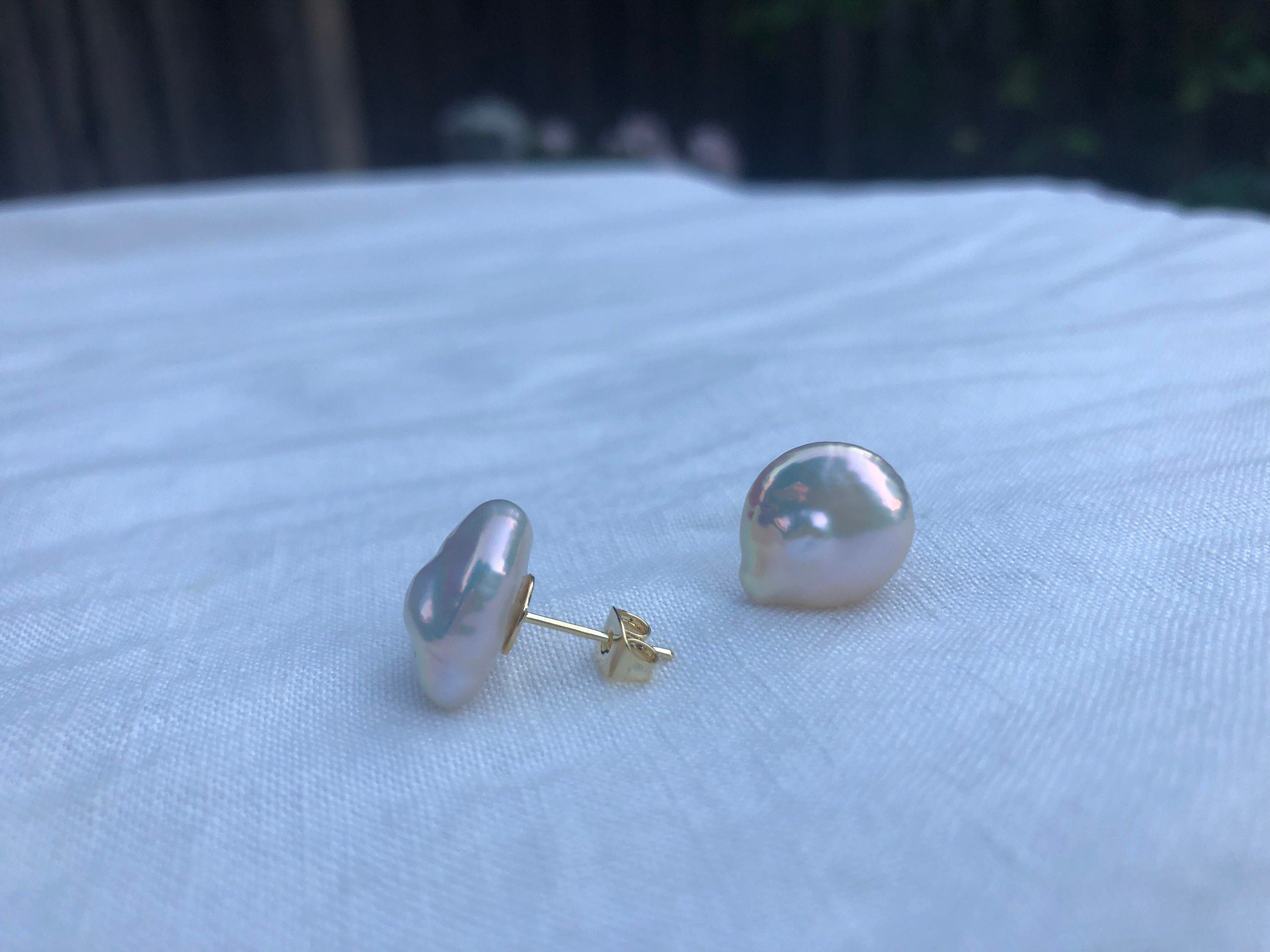 14K gold filled baroque AAAA Keshi pearl stud earring/ring. High luster Coin earring/ring. Metallic reflection pearl ring. Wedding.