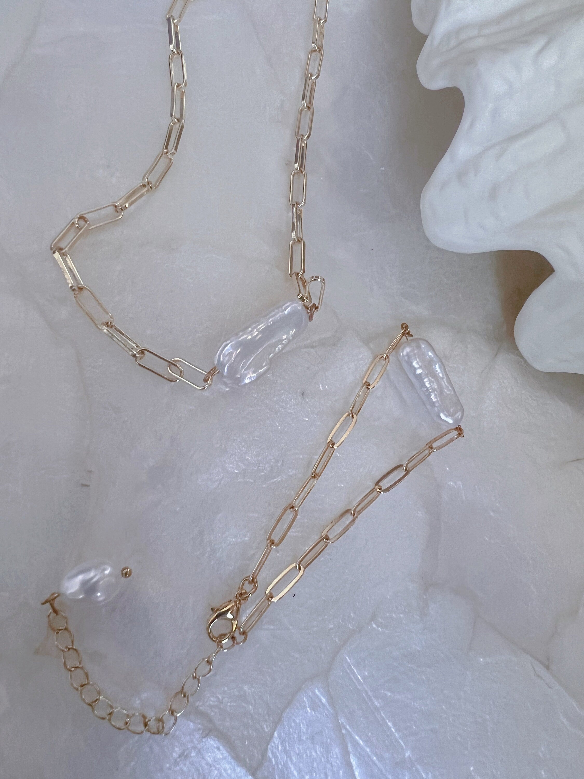Keshi Baroque Biwa Pearl set. Minimalist dainty stackable chain solitaire necklace/bracelet. wedding set.