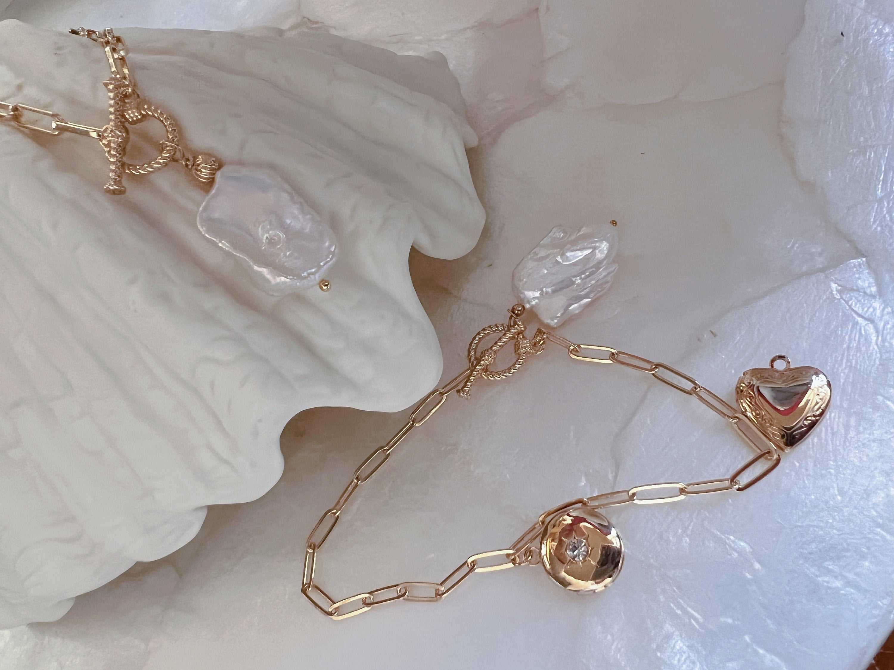Freshwater baroque AAAA Keshi pearl dainty toggle bracelet/necklace. High luster OT buckle pearl  bracelet. locket with photos bracelet.