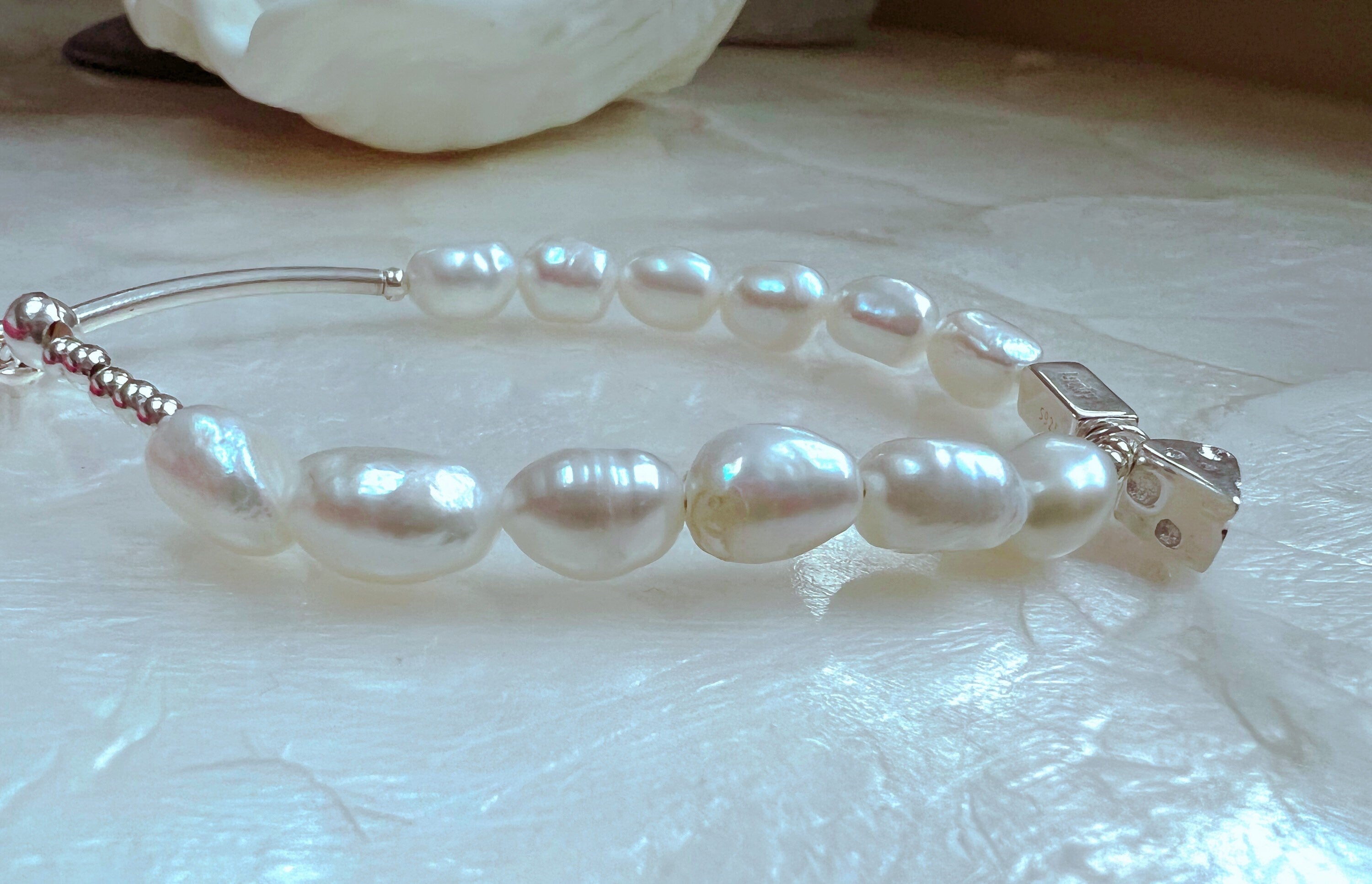 925 sterling silver freshwater pearl lucky design bracelet. Baroque pearl bracelet. Adorable bracelet. Valentines gift