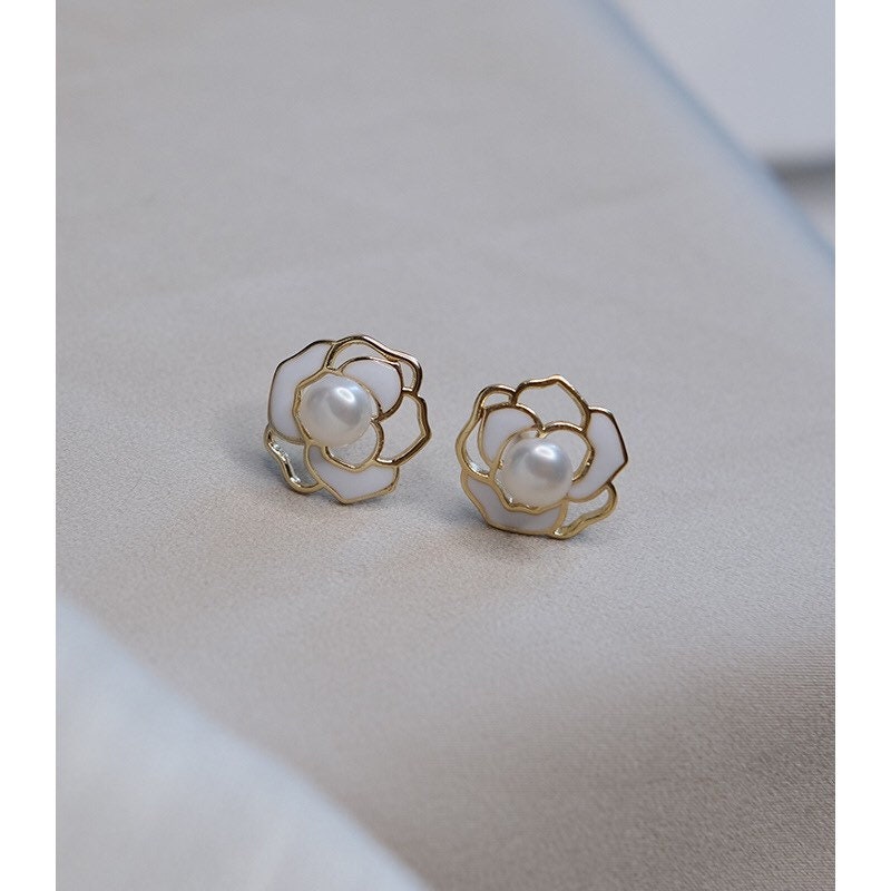 925 sterling silver ear post natural freshwater pearl camellia ear stud dainty earring. Elegant earring. Delicate earring. Gift for her