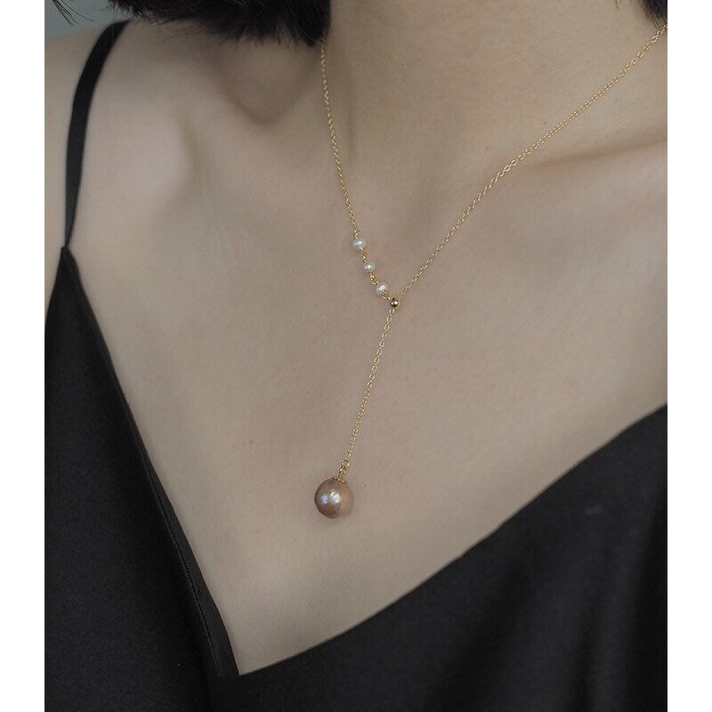 14K gold filled genuine baroque pearl chain necklace. Y-dropped freshwater pearl necklace. Dainty adjustable lariat slide pearl necklace.